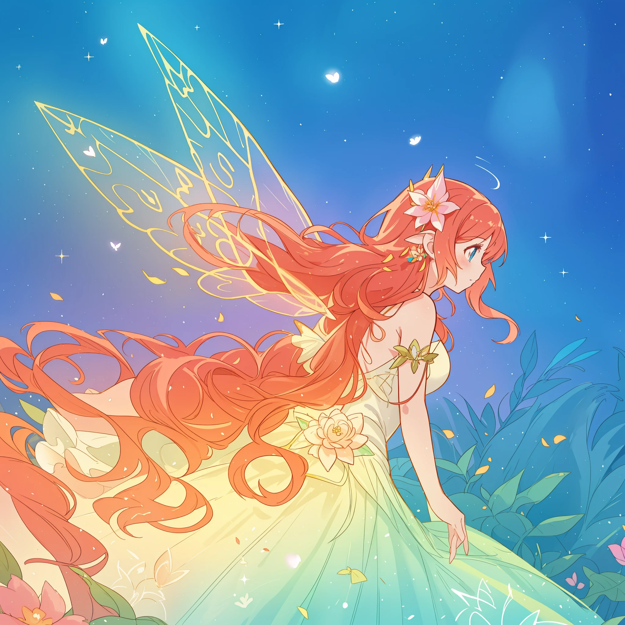 beautiful girl in flowing ballgown dress, (glowing fairy wings), glowing flowing ballgown, long wavy hair, sparkling fairy wings, watercolor illustration, flowers and colorful plants, inspired by Glen Keane, inspired by Lois van Baarle, disney art style, by Lois van Baarle, glowing aura around her, by Glen Keane, jen bartel, glowing lights! digital painting, flowing glowing hair, glowing flowing hair, beautiful digital illustration, fantasia otherworldly landscape plants flowers, beautiful, masterpiece, best quality, anime disney style