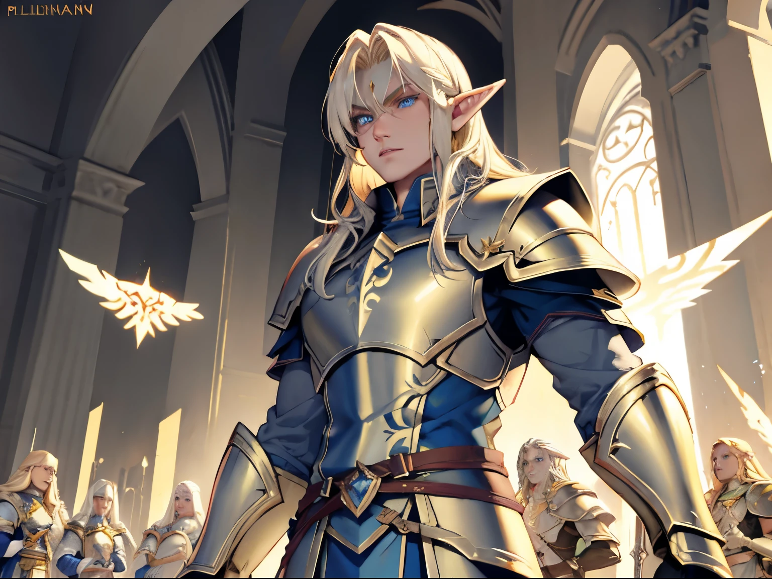 Massive white skinned elf paladin with blonde hair