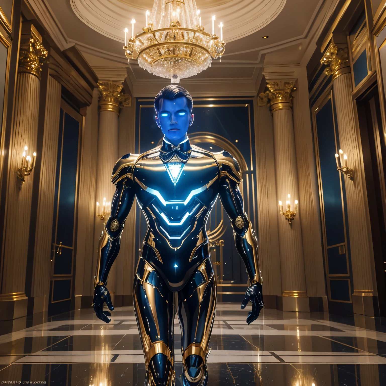 finest image, 8k, RAW photo, realistic, detailed, delicate, flashy and dynamic depiction, a robot butler that shines in iridescent gold, a streamlined form with no corners, one eye that shines blue, formal wear, background large entrance hall of a mansion, a chandelier