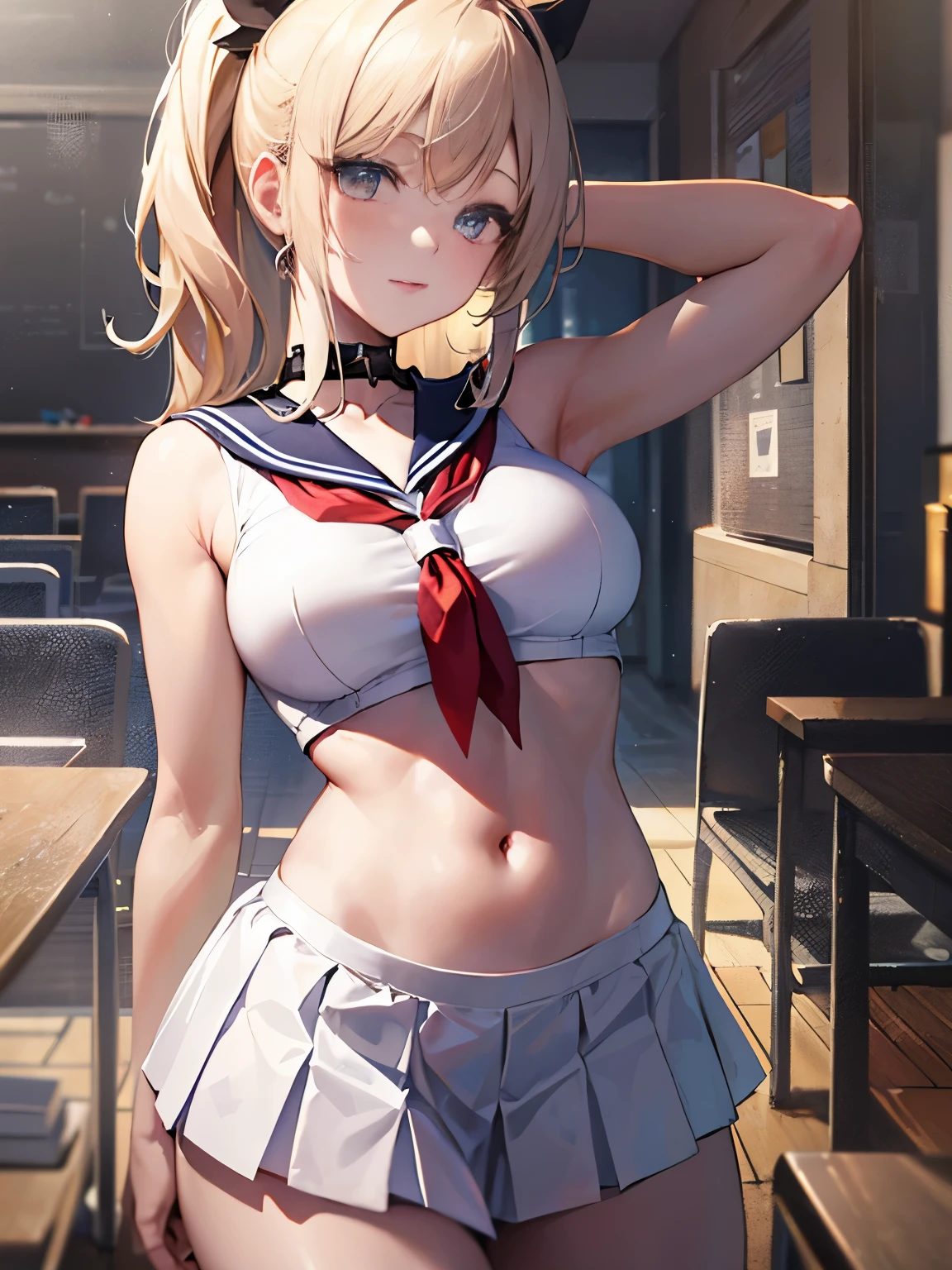 top-quality、realistic touch,high-detail、photoRealstic、thin-waist、captive beauty、big eye、solid platinum-blonde eyelashes、platinum-blonde、full body Esbian、Sparkling eyes, cheeks flushed、thin-waist、In the classroom of  the school、She is in estrus、a sailor suit、cocky expression、Super short skirt with V-line visible、Sleeveless、Navel look、small tits、Ponytail hair style、a sailor suit that is extremely short in length、Black thigh socks、huge tit