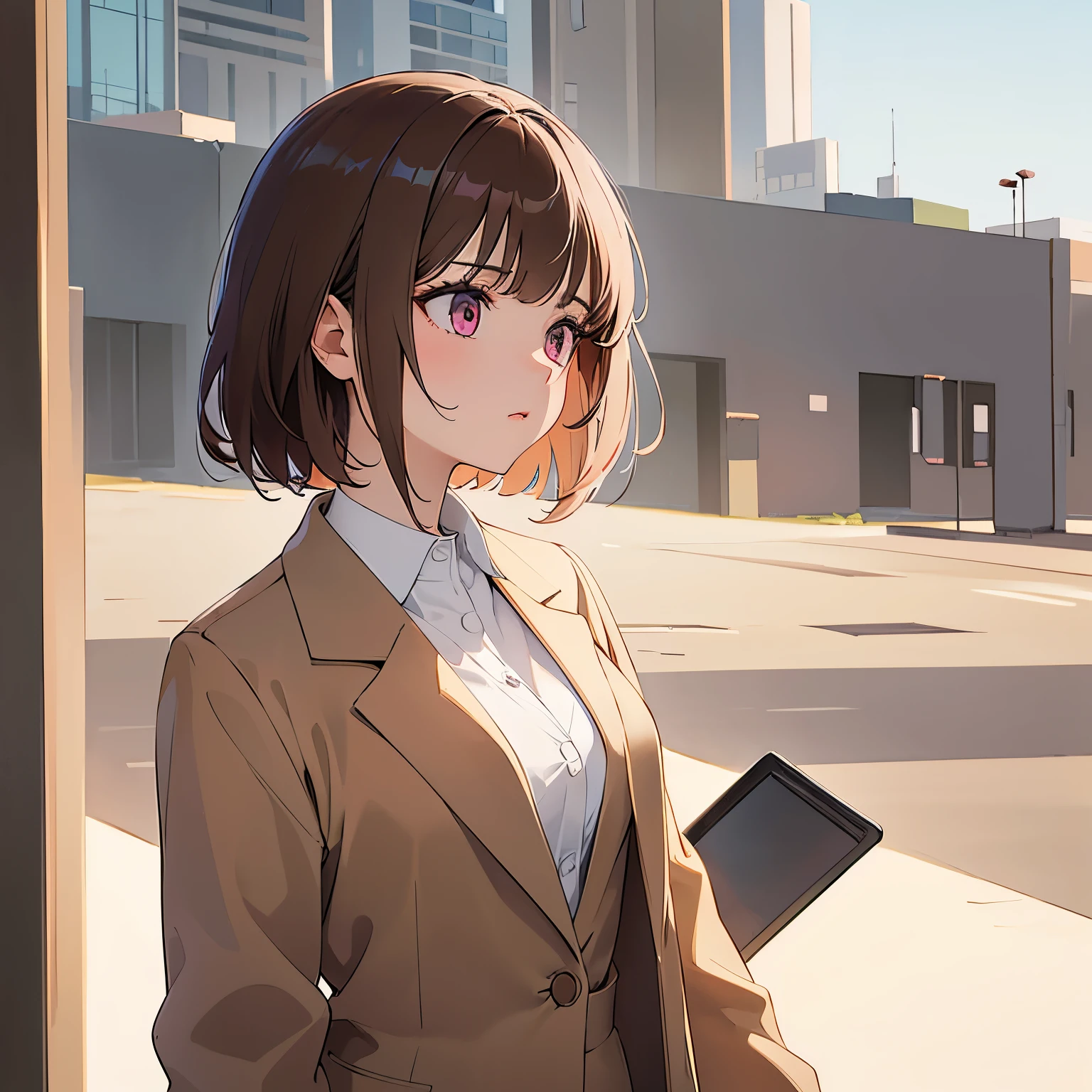 Shooting from the side、​masterpiece、top-quality、 A 25-year-old woman with medium hair and pink eyes with brown bangs.、Wearing a beige suit、white  shirt、(serious:1.3)、Staring、is standing、The background is office、Bold composition、Upper body is shown、Alone、