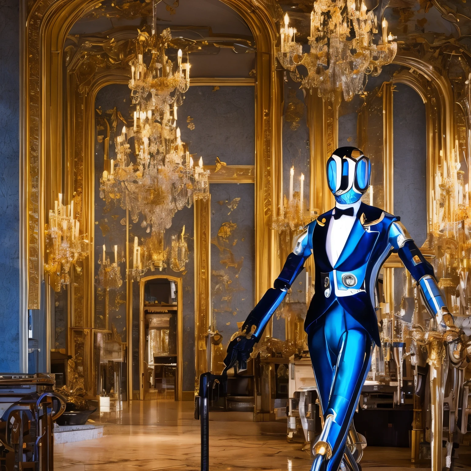 finest image, 8k, RAW photo, realistic, detailed, delicate, flashy and dynamic depiction, a robot butler that shines in iridescent gold, a streamlined form with no corners, one eye that shines blue, formal wear, background large entrance hall of a mansion, a chandelier