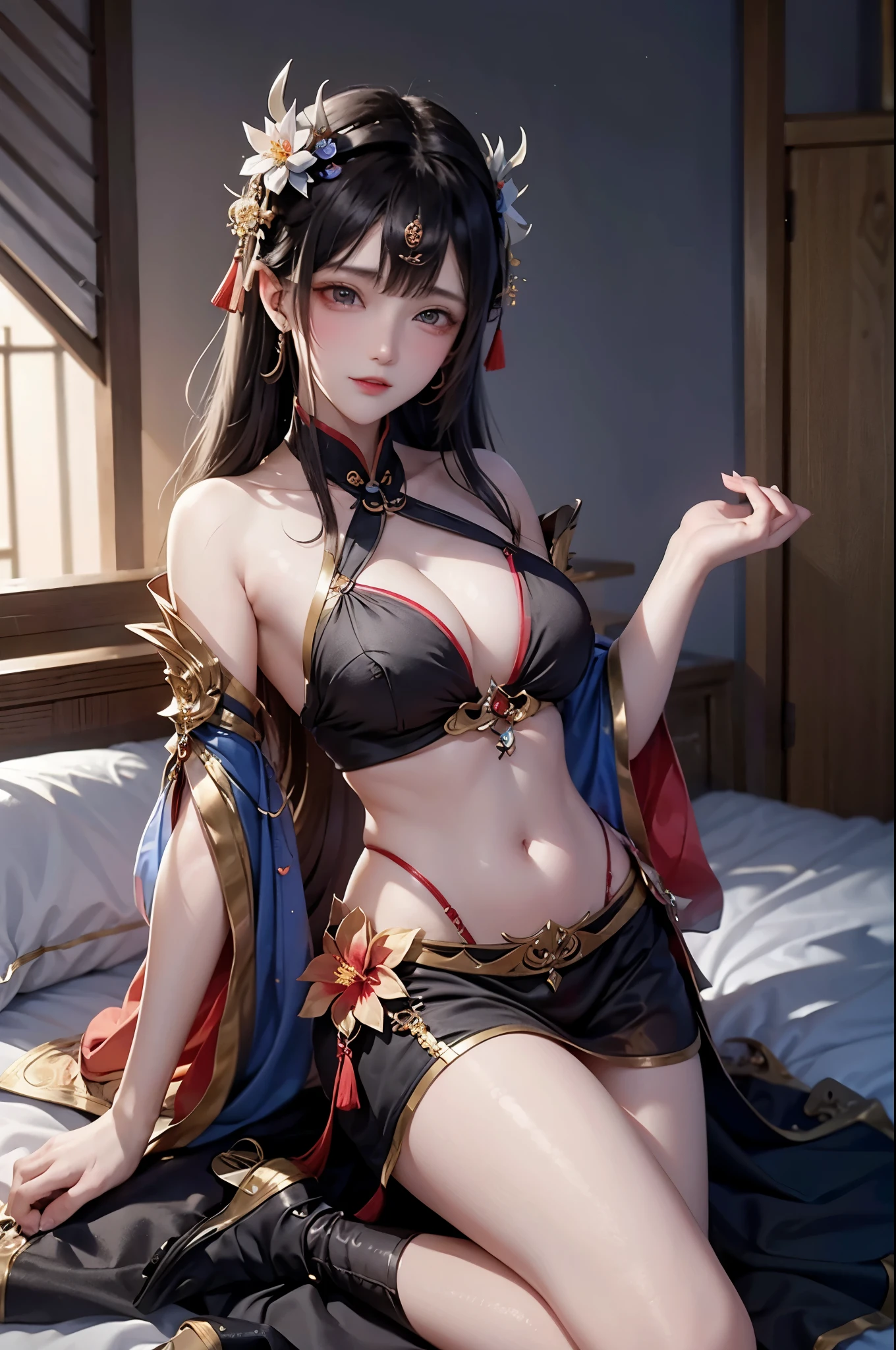 Ancient China woman, above waist,There is a flower tattoo on the bare back,Red and blue-green flowers, on the bed,ukiyo-style, Guviz-style artwork, Guviz, Alphonse mucha and rossdraws, A beautiful artwork illustration, By Li Song, by Yang J, author:Zou Zhe, By Zeng Jing, by Ye Xin, author:Shitao, author:Zhou Fang, korean art nouveau anime