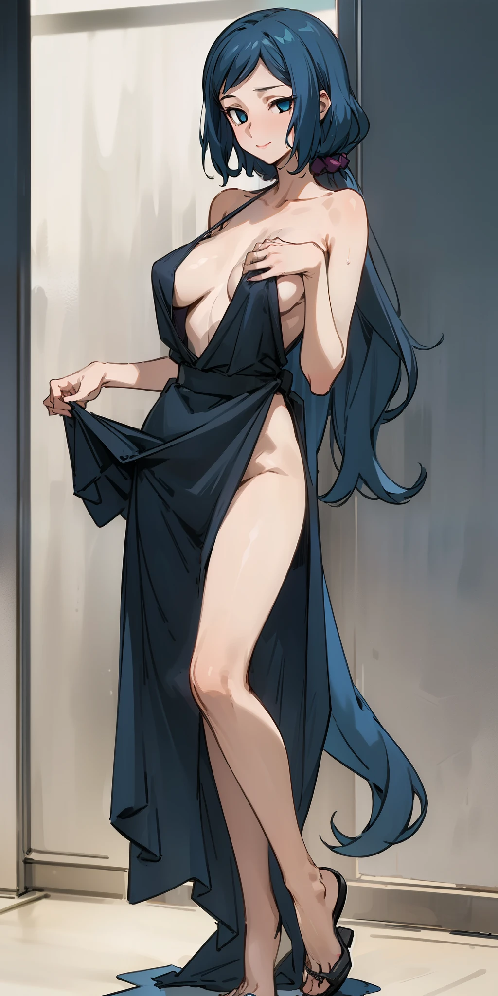 (Masterpiece), Best Quality, ultra-detailed, perfect hands, Delicate eye expression, 1girl (rinko_iori, Sexy, Slender and sexy body, huge breasts, naked body, Gray-haired hair, long hair, blue eyes (empty eye)),solo,closed mouth, nude,full body, sexy eveningdress(mini skirt), skirt lift,Beach, standing, provocative pose, evil look,wicked smile, Sexy waist teasing