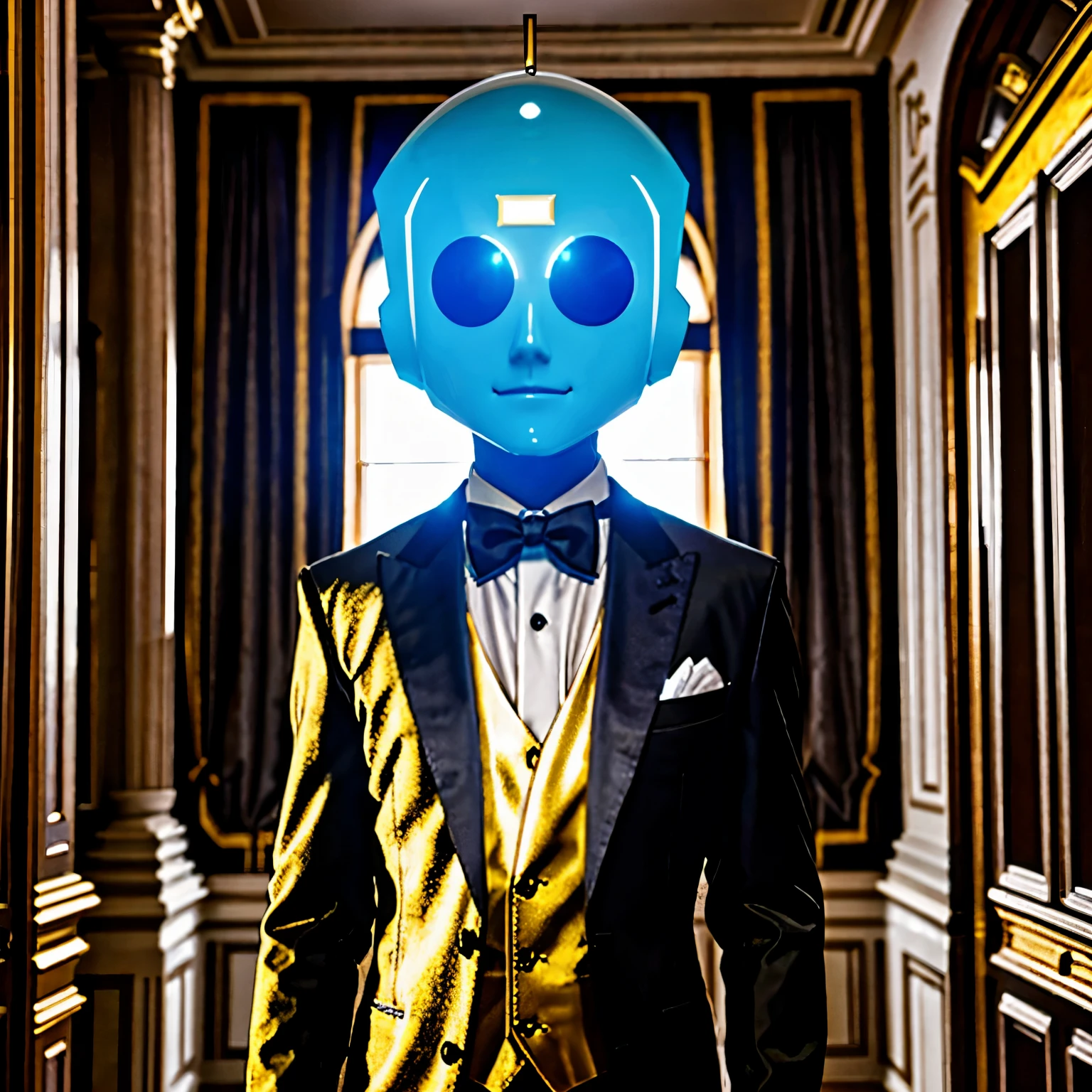 finest image, 8k, RAW photo, realistic, detailed, delicate, flashy and dynamic depiction, a robot butler that shines in iridescent gold, a streamlined form with no corners, one eye that shines blue, formal wear, background large entrance hall of a mansion, a chandelier