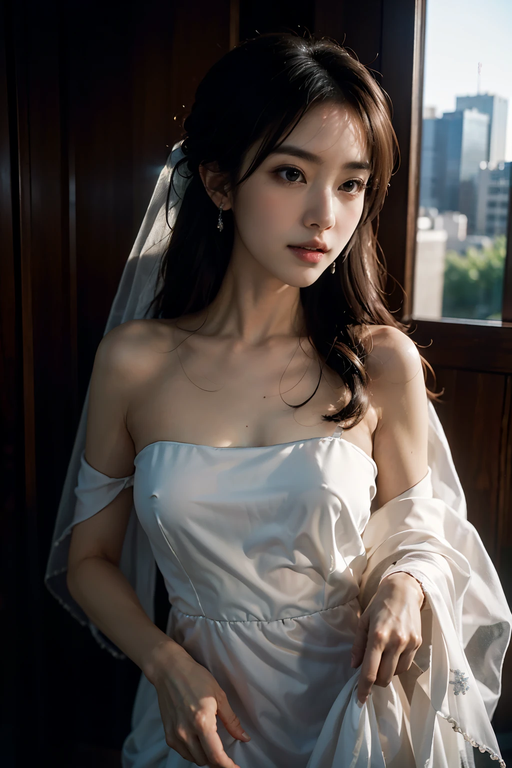 (Masterpiece), best quality, highest quality, highly detailed CG unity 8k wallpaper, original, high resolution, (depth of field: 1.5), fidelity: 1.3, breasts, bride portrait style, 1 girl, curtains, veil , bridal veil, wedding dress, curtains, jewelry, solo, earrings, teeth, bride, black_hair