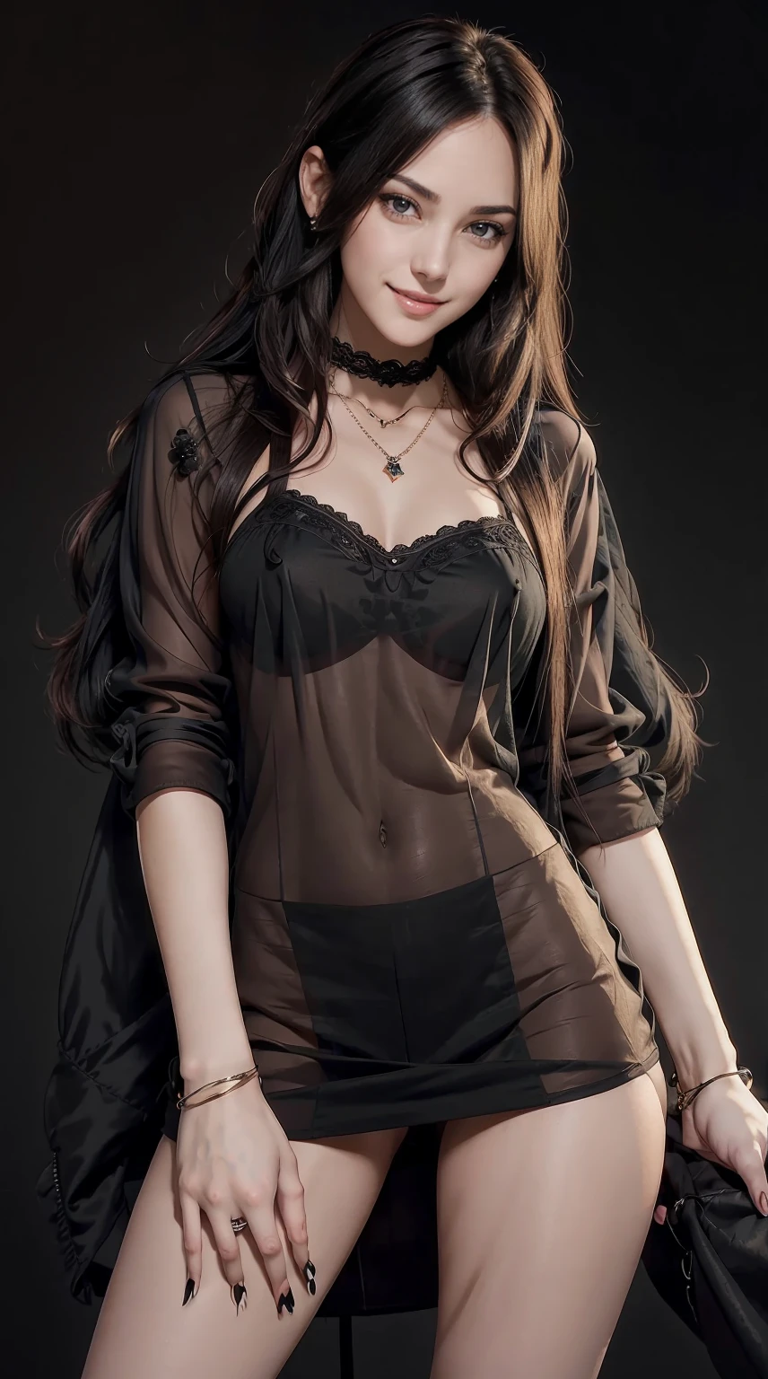 24-year-old woman、Hair color is black、Eye color is dark brown、Longhaire、Straight hair、Slender but well-proportioned muscular man、a smile、I&#39;m wearing a necklace、accessories on wrist、wearing a see-through blouse、wearing a square miniskirt、a smile、wearing a lace choker、Being in a photography studio