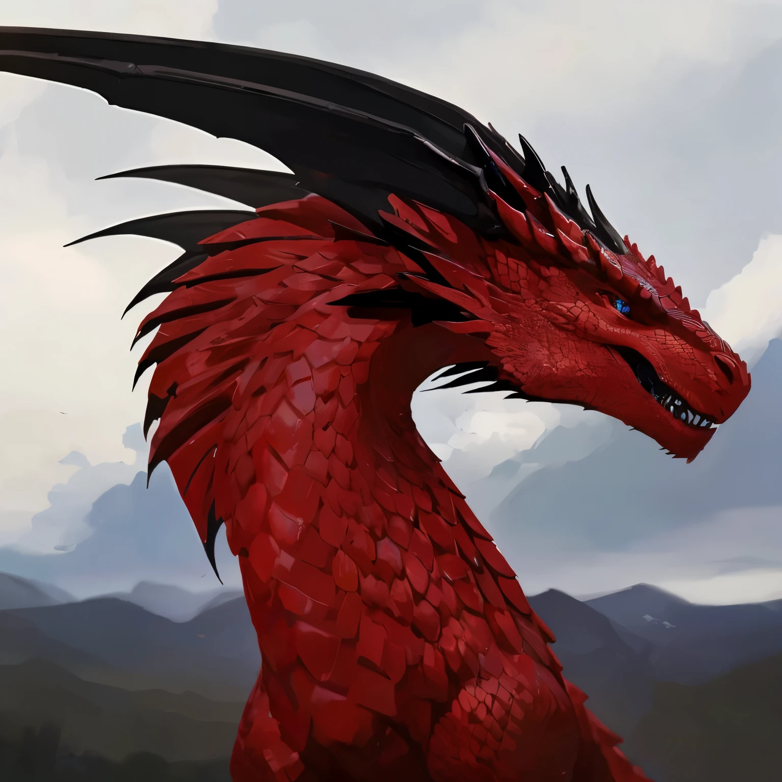 (best quality, highres), striking ruby red dragon, thin black horns, elegant stance, graceful movement, detailed scales, mesmerizing eyes, majestic wings, intricate details, vibrant colors, fantasy art, mythical creature