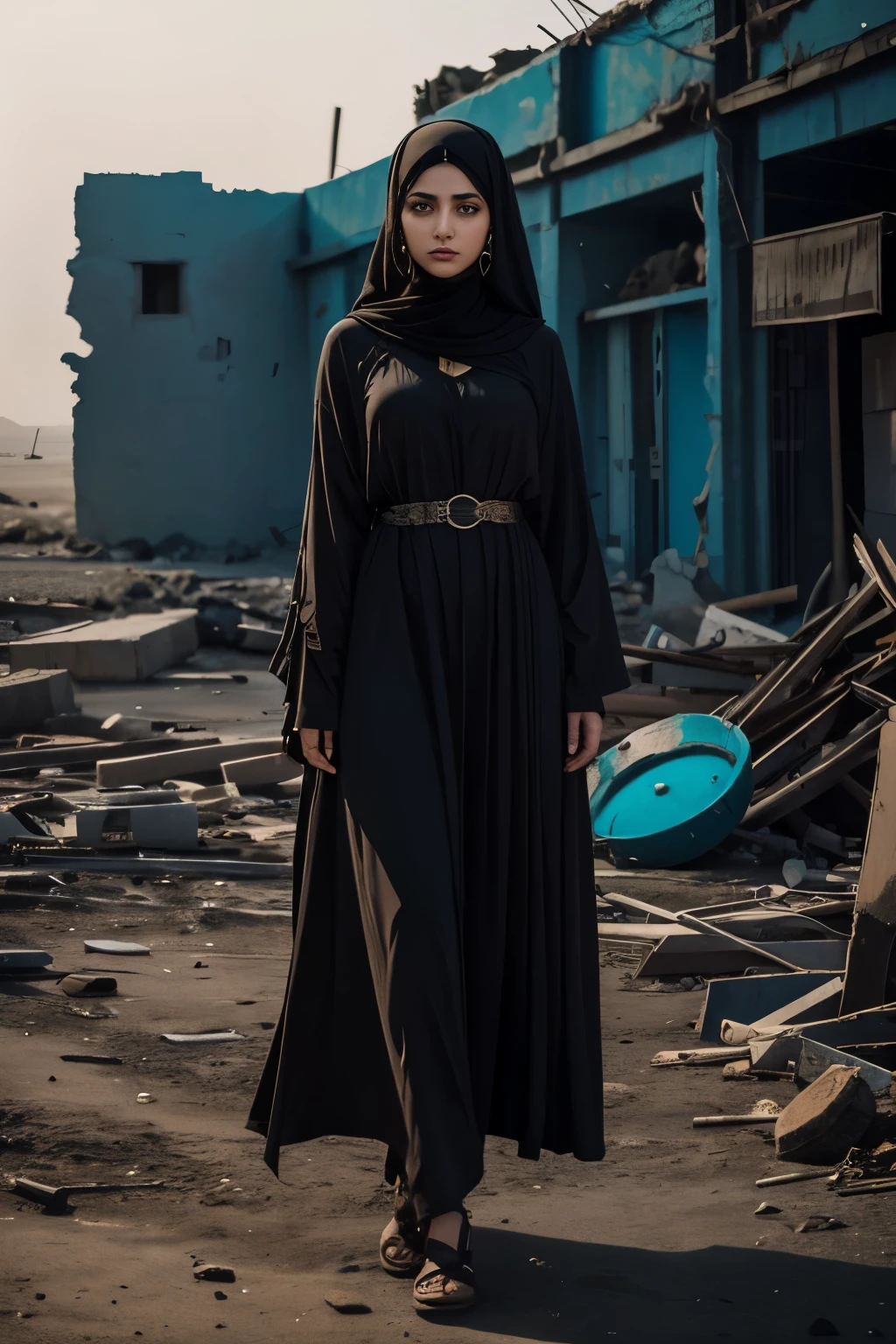 (South Iranian girl),(Arab make-up),(ruined city),(An old ruined beach), (a tired beautiful girl with long hair,), (diffuse colors), (black tones), (unworthy), (no limits), (unpredictable), (surreal), (professional composition), (award winning composition) creative freedom, (artistic expression), (extreme composition), (spontaneous composition), (black filter), (surreal theme), (diffuse creatures), (diffuse figures), disturbing visual expression, unusual chromatic contrast, somber, Lekrot