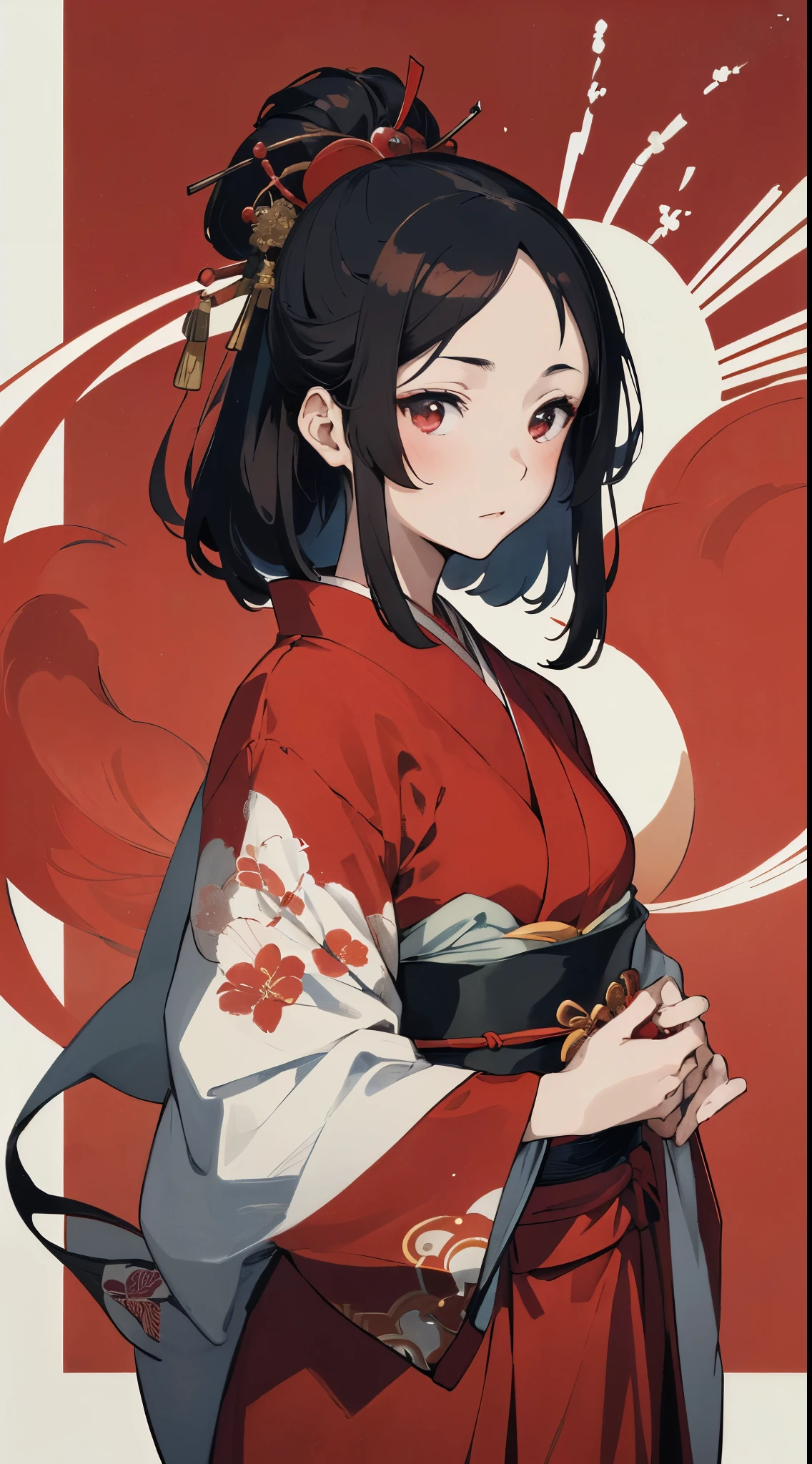 An arafi woman wearing a red kimono holding a black wallet on a white background, by Kanō Tan'yū, by Murakami, iwakura, maya takamura, Geisha prima ballerina, inspired by Tawaraya Sōtatsu, akihiko yoshida」, sosaku hanga, hayao miyazki