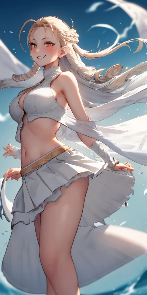 full-body close-up, create an elegant atmosphere), white short skirt, white hair shawl, graceful flowing, elegant movements, lustful smirking smile expression (red blush), floating in the air, (1girl), slim figure)