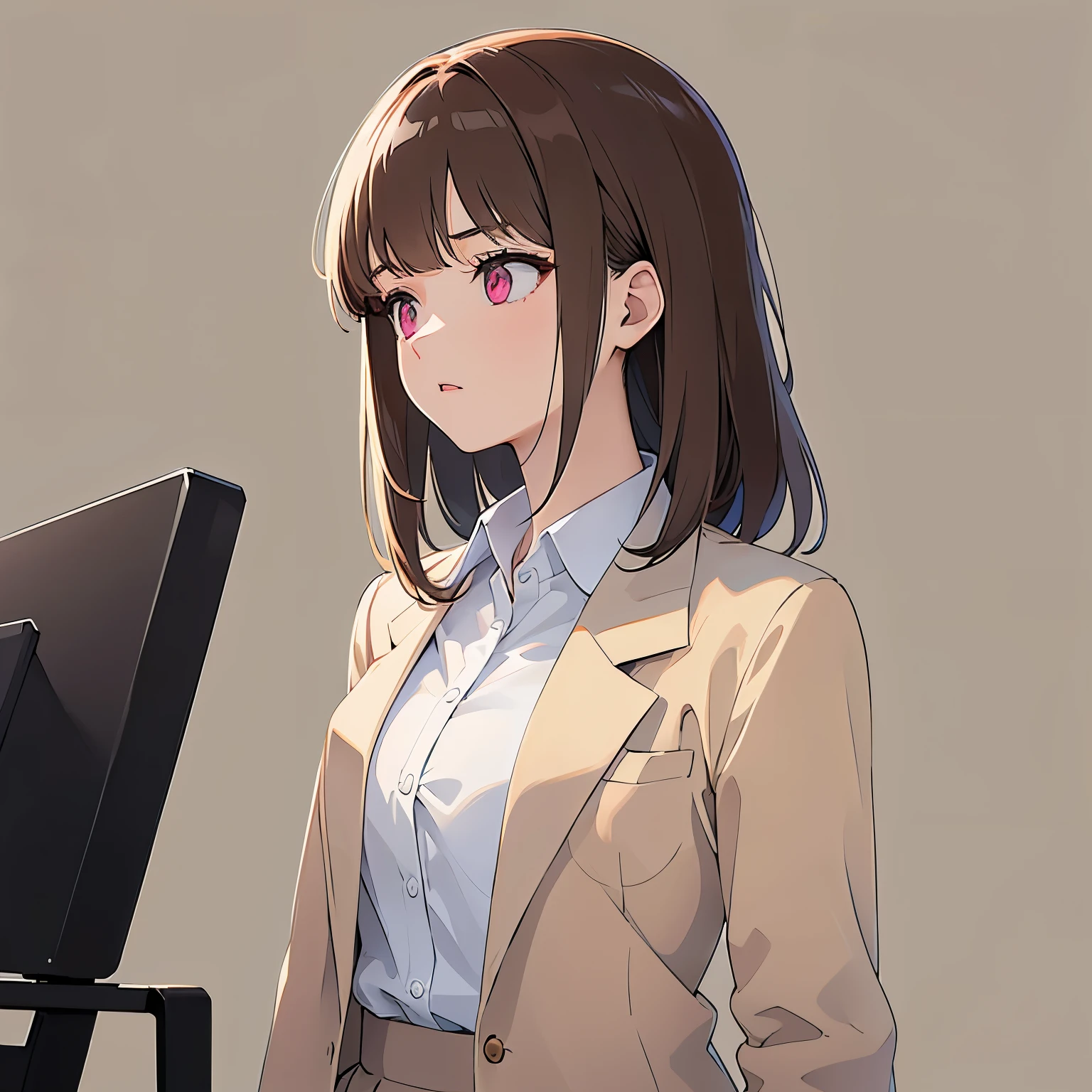 Shooting from the side、​masterpiece、top-quality、 A 25-year-old woman with medium hair and pink eyes with brown bangs.、Wearing a beige suit、white  shirt、(serious:1.3)、Staring、is standing、The background is office、Bold composition、Upper body is shown、Alone、