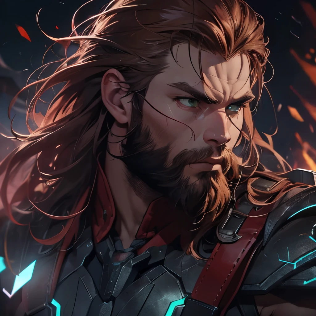 (masterpiece), 8k cg, intricate details, chromatic aberration, ((bust shot)), ((looking at viewer)), 1man (greenn eyes, long red hair, red fox ears, thick beard, Chris Hemsworth, Thor Armor, Lightning), strong face, handsome face, frown, 30 year old, absurdres, cinematic lighting, dynamic lighting, fantasy, ((dark background, fog))