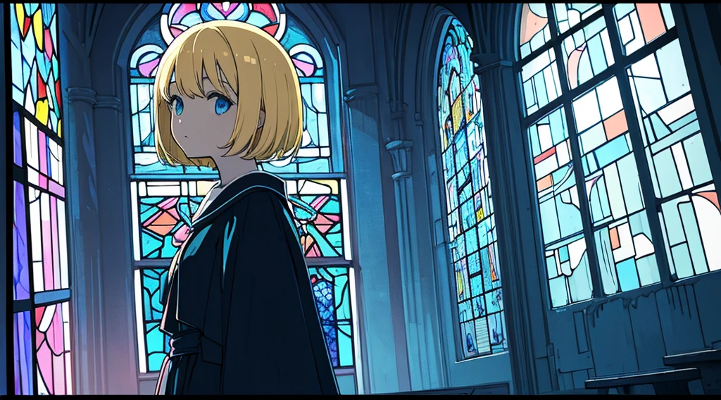 (face, sister, blonde hair, very short hair, kawaii), (abandoned church, blue stained glass), (low contrast, flat color, limited palette)