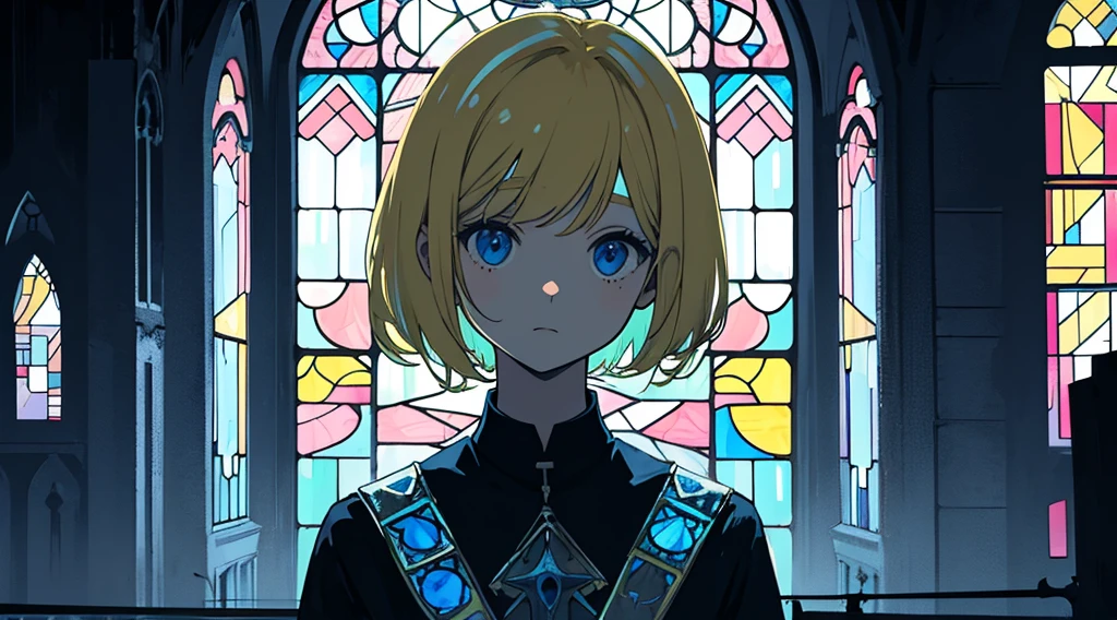 (face, sister, blonde hair, very short hair, kawaii), (abandoned church, blue stained glass), (low contrast, flat color, limited palette)