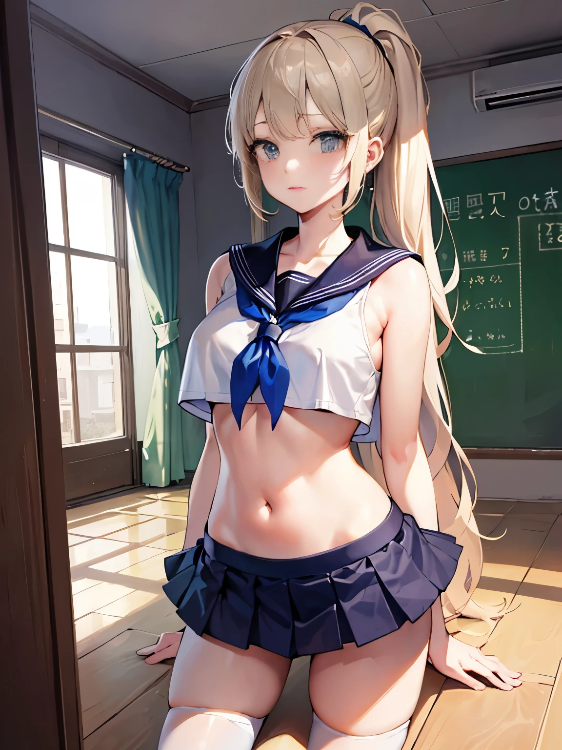top-quality、realistic touch,high-detail、photoRealstic、thin-waist、captive beauty、big eye、solid platinum-blonde eyelashes、platinum-blonde、full body Esbian、Sparkling eyes, cheeks flushed、thin-waist、In the classroom of the school、She is in estrus、a sailor suit、cocky expression、Super short skirt with V-line visible、Sleeveless、Navel look、small tits、Ponytail hair style、a sailor suit that is extremely short in length、Black thigh socks、huge tit