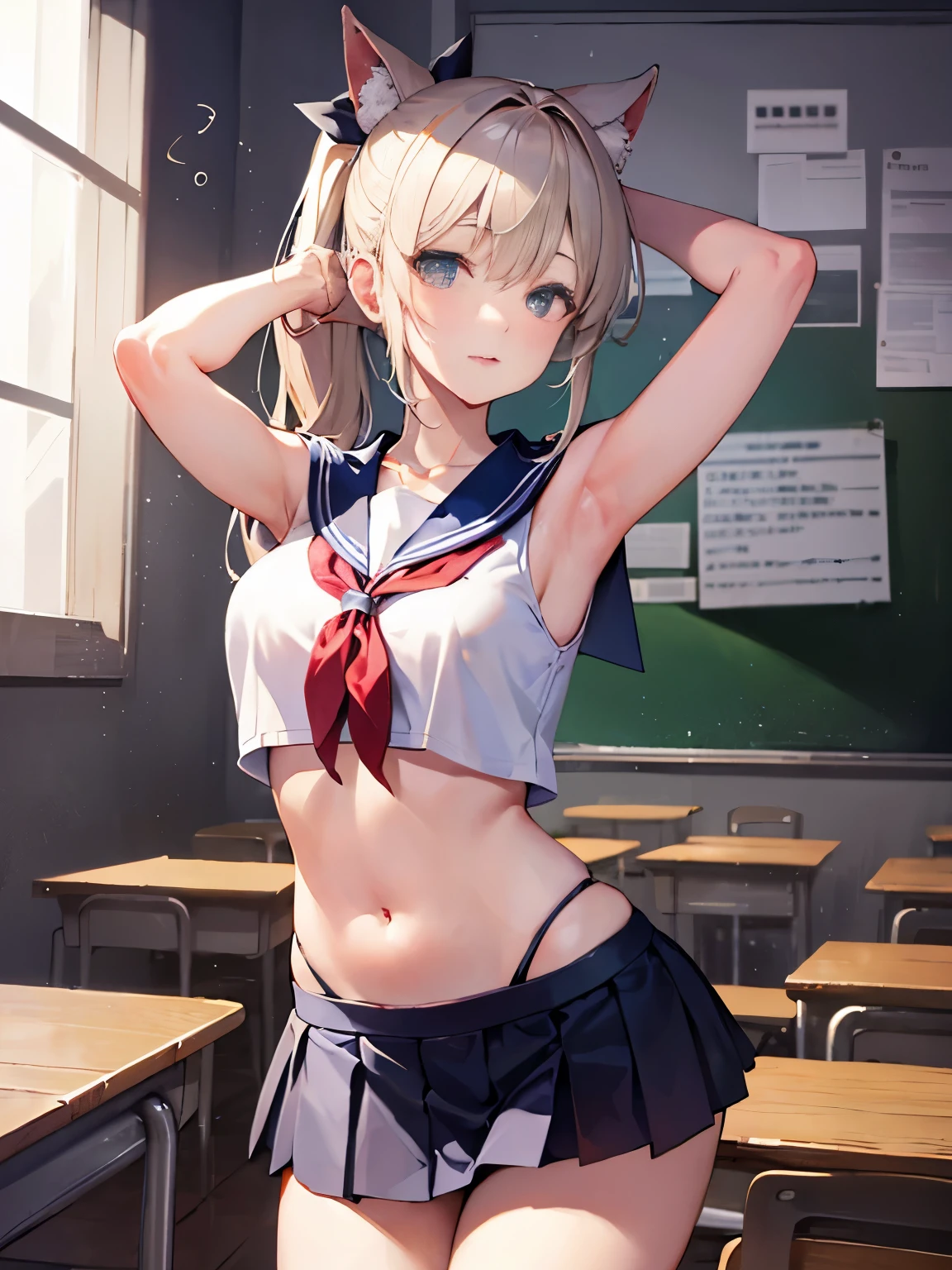 top-quality、realistic touch,high-detail、photoRealstic、thin-waist、captive beauty、big eye、solid platinum-blonde eyelashes、platinum-blonde、full body Esbian、Sparkling eyes, cheeks flushed、thin-waist、In the classroom of  the school、She is in estrus、a sailor suit、cocky expression、Super short skirt with V-line visible、Sleeveless、Navel look、small tits、Ponytail hair style、a sailor suit that is extremely short in length、Black thigh socks、huge tit