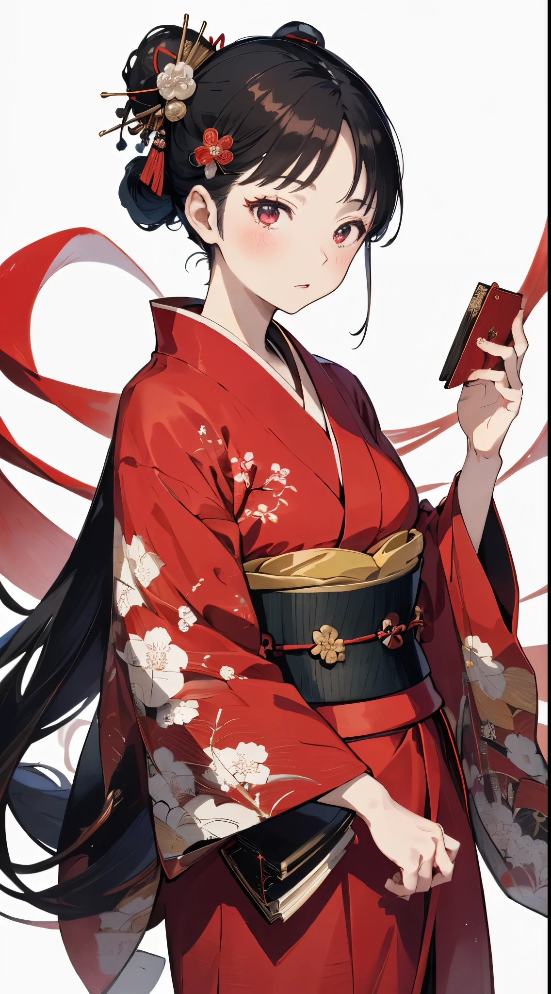 An arafi woman wearing a red kimono holding a black wallet on a white background, by Kanō Tan'yū, by Murakami, iwakura, maya takamura, Geisha prima ballerina, inspired by Tawaraya Sōtatsu, akihiko yoshida」, sosaku hanga, hayao miyazki