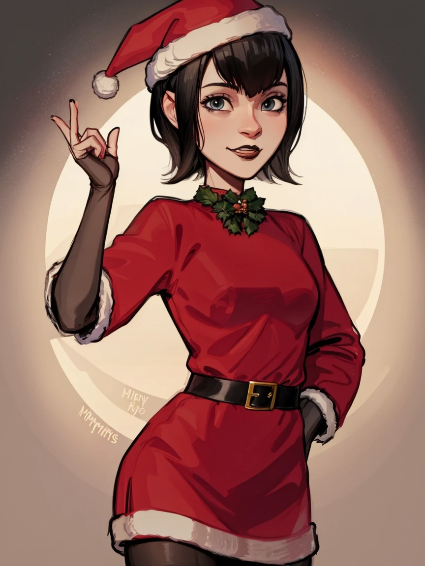 Mavis, christmas outfit, short hair, christmas, red outfit, santa outfit, santa hat, black hair, black lipstick, detailed, masterpiece