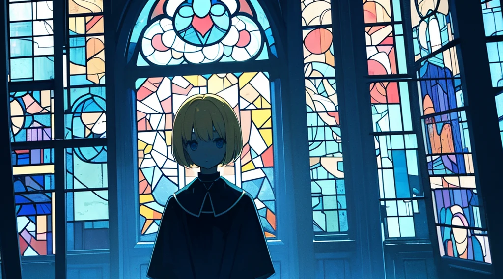 (sister, blonde hair, very short hair, kawaii), (abandoned church, blue stained glass), (low contrast, flat color, limited palette)