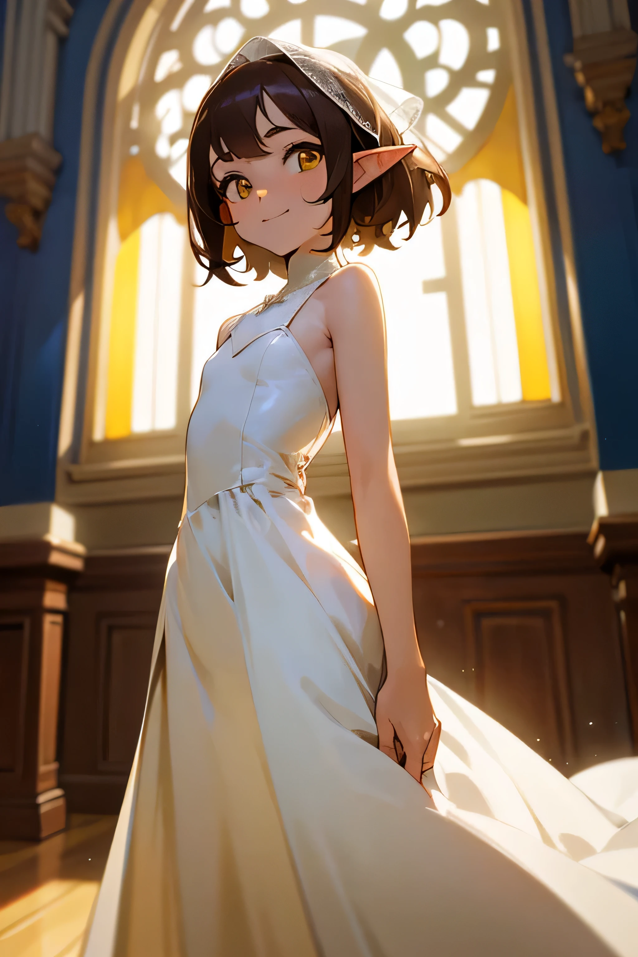 An elf girl with a tiny body, small ears, brown hair, yellow eyes and a flat chest. She is wearing a white wedding dress and has a extremly happy expression. The girl is standing in a room and looking directly at the viewer. The image should be of absurd resolution and high detail. It should be ultra-sharp and available in 8K resolution, representing a masterpiece in image quality.