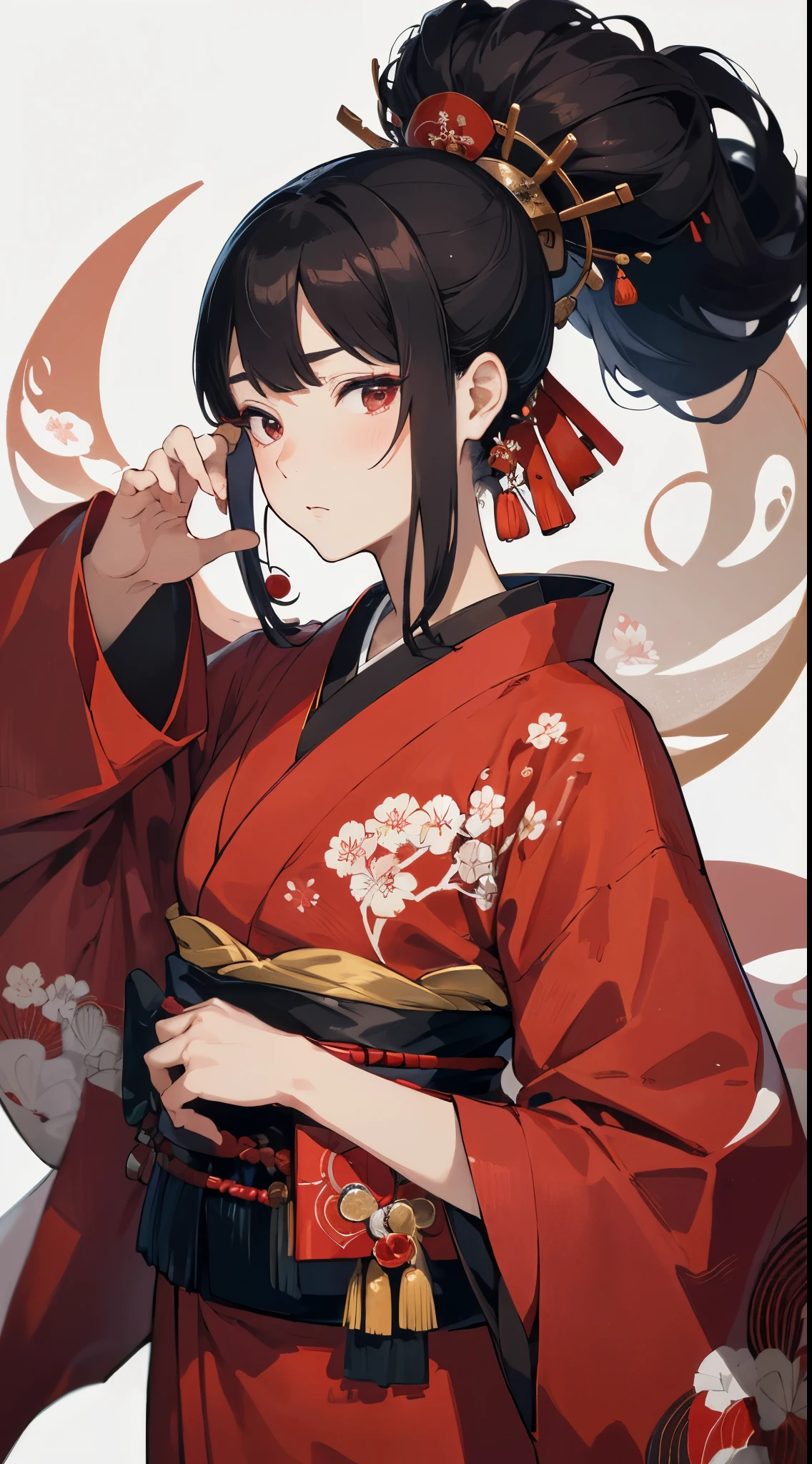An arafi woman wearing a red kimono holding a black wallet on a white background, by Kanō Tan'yū, by Murakami, iwakura, maya takamura, Geisha prima ballerina, inspired by Tawaraya Sōtatsu, akihiko yoshida」, sosaku hanga, hayao miyazki