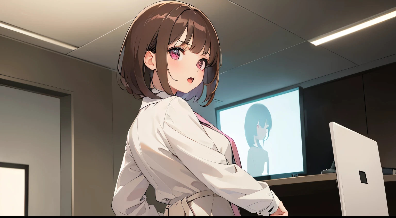 looking back, masterpiece、top-quality、 A 25-year-old woman with medium hair and pink eyes with brown bangs.、Wearing a beige suit、white shirt、(serious:1.3)、open mouth, Staring、is standing、The background is office、Bold composition、Upper body is shown、Alone