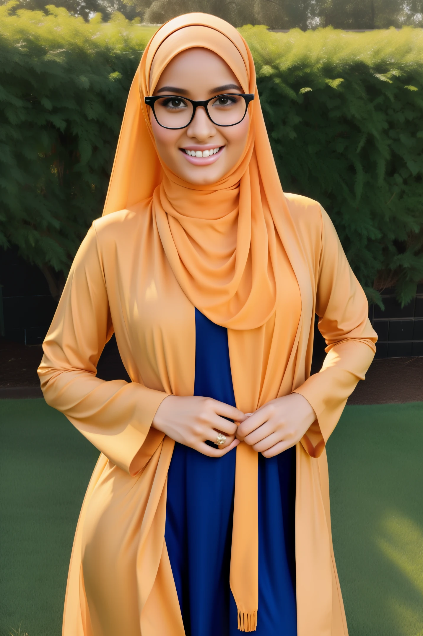 full body image of ultra realistic,16k, enhanced quality, perfect face, perfect hands, perfect body, ultra detailed, perfect hair, girl wearing glasses, perfect glasses, perfect smile, ultra realistic, ultra realistic background, full body image, posing for photo in flower garden, girl wearing perfect hijab,full body shooting, ultra realistic particles, perfect duck lips, full body shooting, Islamic hijab,