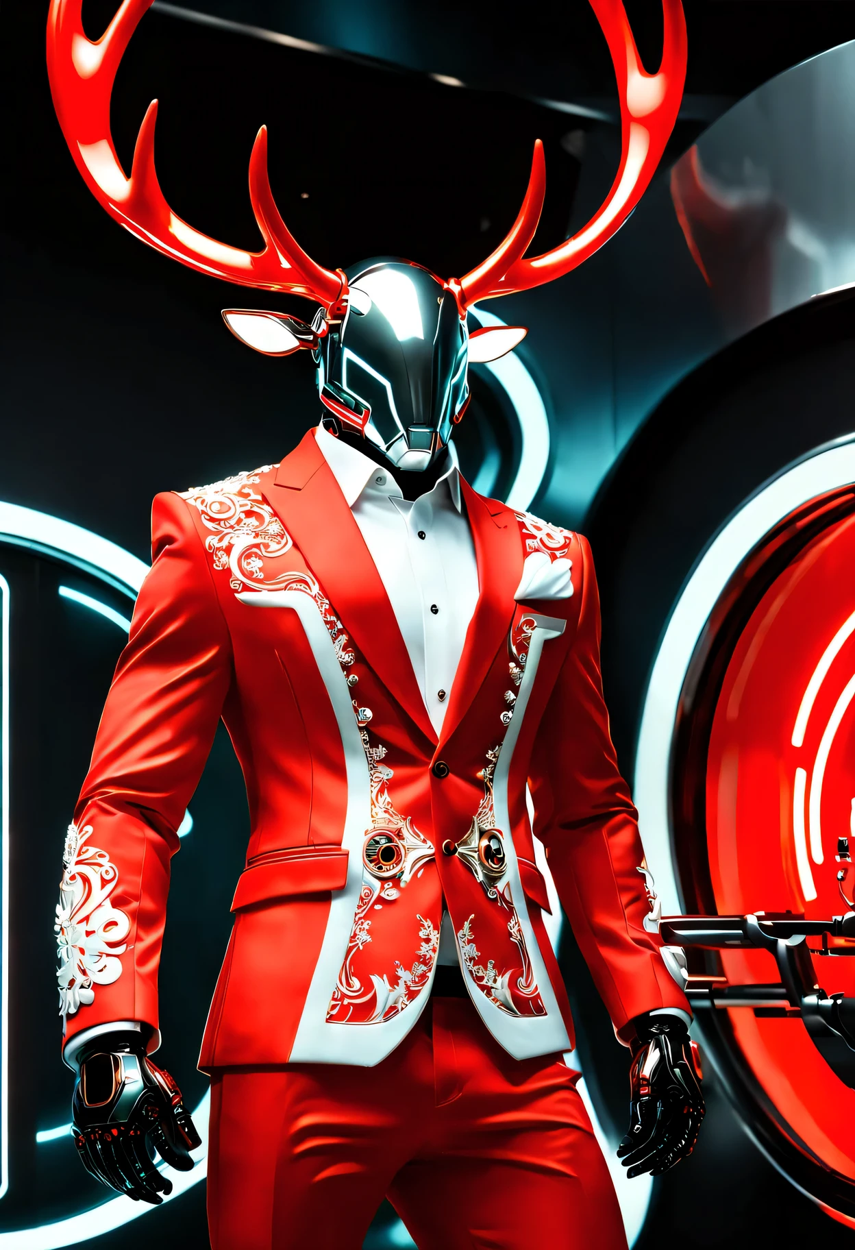 (Butler clothing design:1.8),\(Christmas style\)， Made of makinary, red and white style, Mechanized form, A A futuristic数字艺术, red and white colors, room lighting, surreal details, 32k ULTRAHD, auto-destructive art, mechanized abstraction, Future Vision,Fine lines and intricate details, A A futuristic维多利亚时代, translucent immersion, molecules, Red Knight, Glass as a material, Sci-fi Baroque style, 32k ULTRAHD,(Fundo sala de estar:1.5), fril, 未来makina人管家摄影, Glowing red interior components, Very A futuristic,makina人管家设计趋势, A A futuristic设计, A A futuristicmakina人管家 design, karim rashid, glowing interior components, Concept sled design, A A futuristic, A A futuristic镀铬, Future concept butler clothing, Magnificent design, High-Technologie details of the future,(makina人管家风格：1.5),(Christmas reindeer relief pattern:1.4),(mechanical blazer:1.5)，控制论makina人. Android, eats, makina, metals, electrical wires, Technologie, A futuristic, The is very detailed, Extremely detailed computer, Permanent, Full body photo, at centre, a 3D render, art  stations, octaneratingrendering, 8K