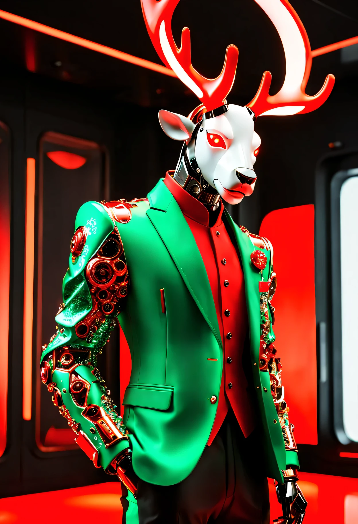 (Butler clothing design:1.8),\(Christmas style\)， Made of makinary, red and white style, Mechanized form, A A futuristic数字艺术, red and white colors, room lighting, surreal details, 32k ULTRAHD, auto-destructive art, mechanized abstraction, Future Vision,Fine lines and intricate details, A A futuristic维多利亚时代, translucent immersion, molecules, Red Knight, Glass as a material, Sci-fi Baroque style, 32k ULTRAHD,(Fundo sala de estar:1.5), fril, 未来makina人管家摄影, Glowing red interior components, Very A futuristic,makina人管家设计趋势, A A futuristic设计, A A futuristicmakina人管家 design, karim rashid, glowing interior components, Concept sled design, A A futuristic, A A futuristic镀铬, Future concept butler clothing, Magnificent design, High-Technologie details of the future,(makina人管家风格：1.5),(Christmas reindeer relief pattern:1.4),(mechanical blazer:1.5)，控制论makina人. Android, eats, makina, metals, electrical wires, Technologie, A futuristic, The is very detailed, Extremely detailed computer, Permanent, Full body photo, at centre, a 3D render, art  stations, octaneratingrendering, 8K