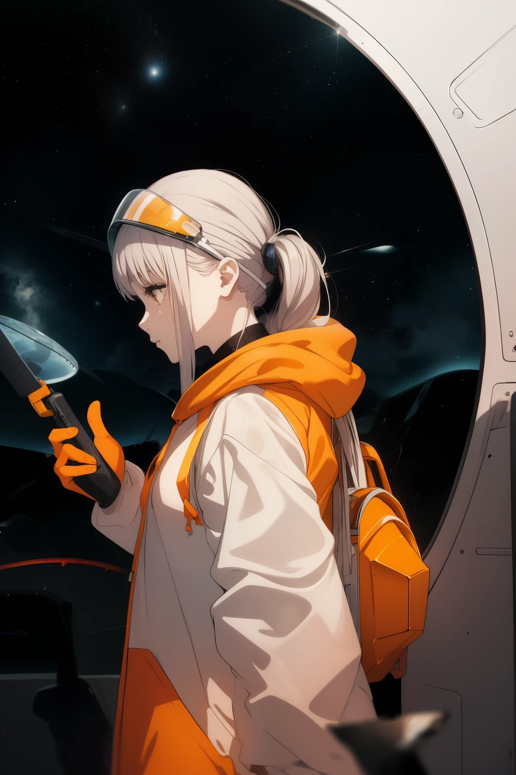 masterpiece, best quality, 1girl, (space), spacecraft, (orange spacesuit, space helmet in hand, holding space helmet), full pose, side angle, science fiction, yellow eyes, twintails, silver hair, space