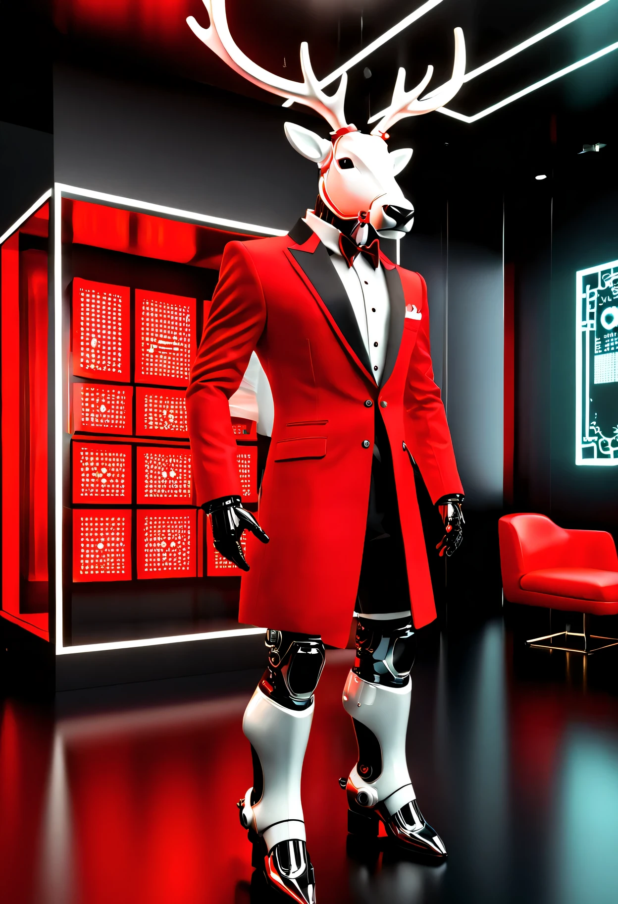 (Butler clothing design:1.8),\(Christmas style\)， Made of makinary, red and white style, Mechanized form, A A futuristic数字艺术, red and white colors, room lighting, surreal details, 32k ULTRAHD, auto-destructive art, mechanized abstraction, Future Vision,Fine lines and intricate details, A A futuristic维多利亚时代, translucent immersion, molecules, Red Knight, Glass as a material, Sci-fi Baroque style, 32k ULTRAHD,(Fundo sala de estar:1.5), fril, 未来makina人管家摄影, Glowing red interior components, Very A futuristic,makina人管家设计趋势, A A futuristic设计, A A futuristicmakina人管家 design, karim rashid, glowing interior components, Concept sled design, A A futuristic, A A futuristic镀铬, Future concept butler clothing, Magnificent design, High-Technologie details of the future,(makina人管家风格：1.5),(Christmas reindeer relief pattern:1.4),(mechanical blazer:1.5)，控制论makina人. Android, eats, makina, metals, electrical wires, Technologie, A futuristic, The is very detailed, Extremely detailed computer, Permanent, Full body photo, at centre, a 3D render, art  stations, octaneratingrendering, 8K