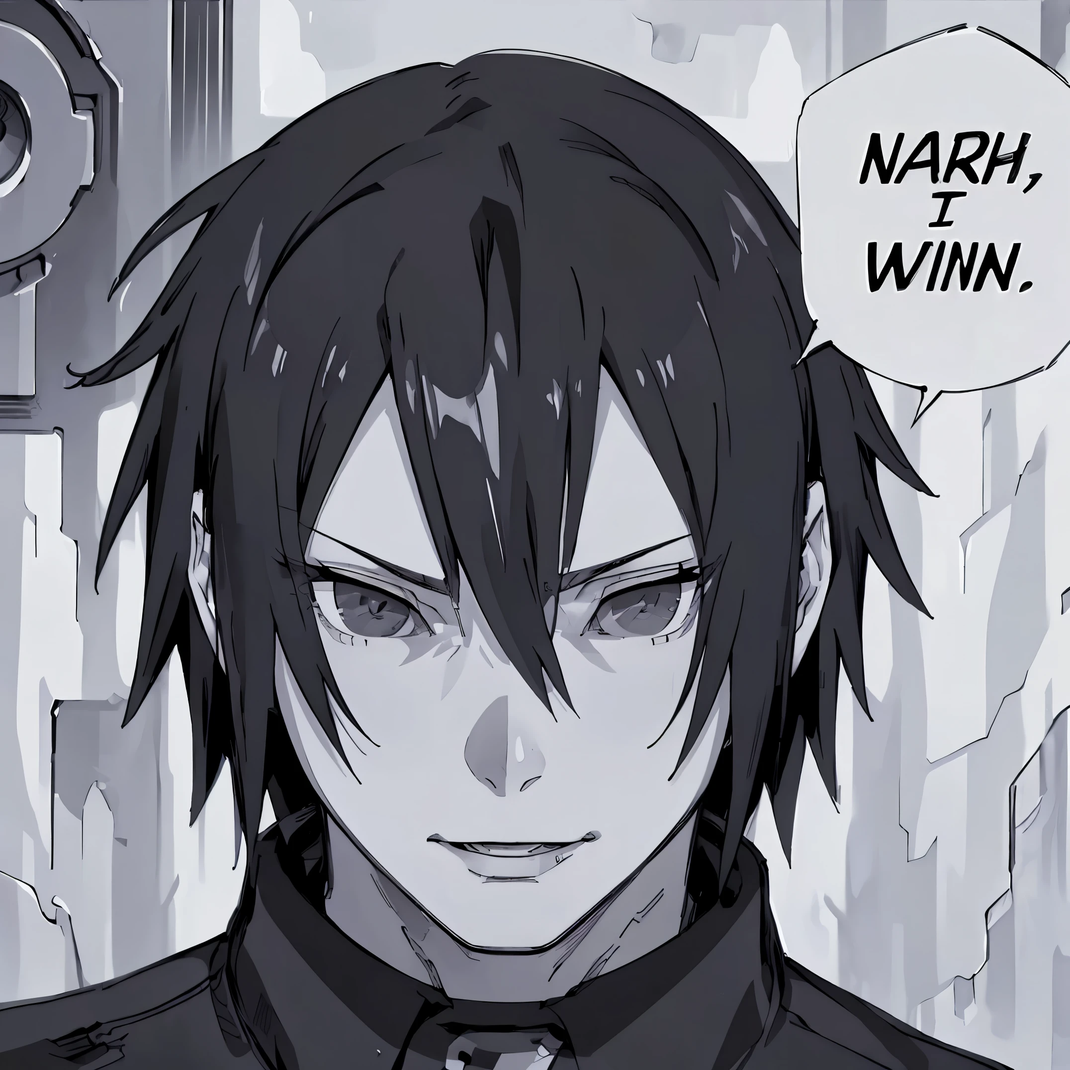 (masterpiece, best quality:1.2), monochrome, greyscale, nahidwin, speech bubble, english text, close-up, solo, male focus, 1boys, sasuke uchiha, cool,