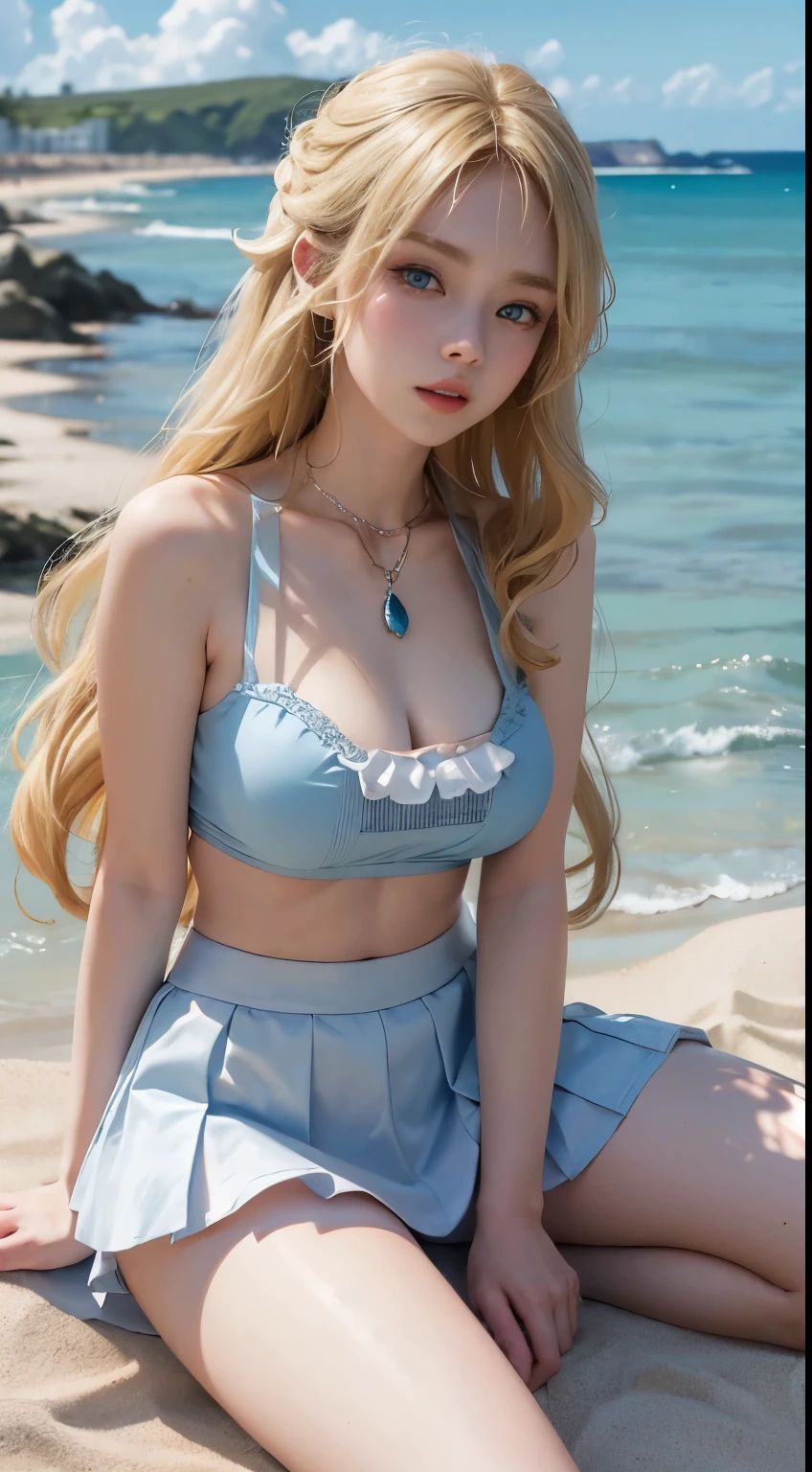 ((Seafront, Best quality at best, 8K, tmasterpiece :1.3)), Full body lesbian, legs long, Focus sharp :1.2, Beutiful women，perfect body figure :1.4, Slim abs, Slender thighs :1.1, ((blond hair blue eyes, Liu Da, curlies、Long blonde hair，Layered Hair Style,  :1.2)), (Sleeveless white top, white mini-skirt， Colossal tits:1.2), ((Look at the sea, sandbeach:1.3)), Highly Detailed Face and Skin Textur, Delicate light blue eyes, 二重まぶた, Open your legs，Open the knee，look from down，Pink transparent，The skirt is rolled up,Visible nipple，A sexy pose, close up，laughing joyfully