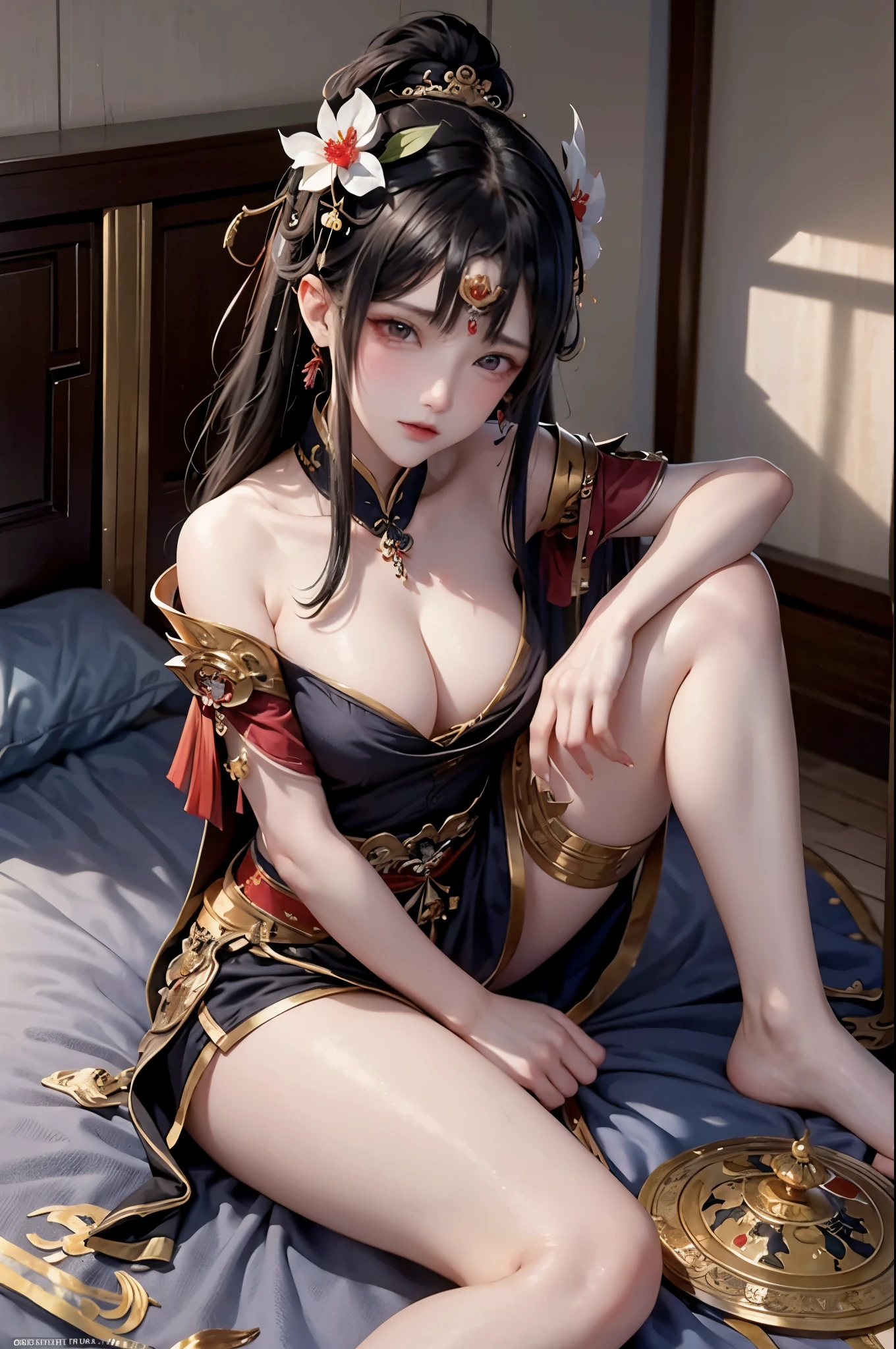 Ancient China woman, above waist，There is a flower tattoo on the bare back，Red and blue-green flowers, on the bed，ukiyo-style, Guviz-style artwork, Guviz, Alphonse mucha and rossdraws, A beautiful artwork illustration, By Li Song, by Yang J, author：Zou Zhe, By Zeng Jing, by Ye Xin, author：Shitao, author：Zhou Fang, korean art nouveau anime