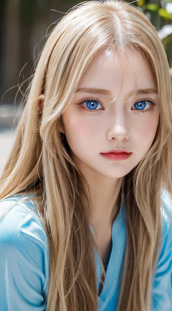 A beautiful girl with very long bright blonde hair and very beautiful bright light blue eyes.、1girl in, very disheveled hair, Very beautiful long shiny hair、Very beautiful cute face、Lustrous and radiant beautiful skin、独奏、ultra-quality、Hard Focus、film grains、超A high resolution、masterpiece、Lovely detailed crystal clear light blue eyes that shine、very big eyes、Gloss Face、Teak Gloss、cheek highlights