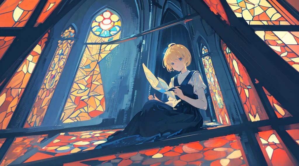 (sister, blonde hair, very short hair, kawaii), (abandoned church, blue stained glass), (low contrast, flat color, limited palette)