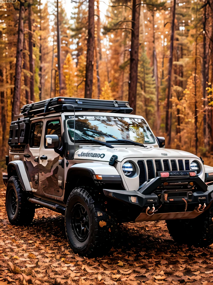 ((hightquality、hight resolution、​masterpiece、foco nítido、photographrealistic、Raw photography、lighting like a movie))、(((No humans)))、vehicle focus、jeep、camouflage paintings、Dark windows、View from diagonally forward、three-quarter front view、 jeepcamo2023