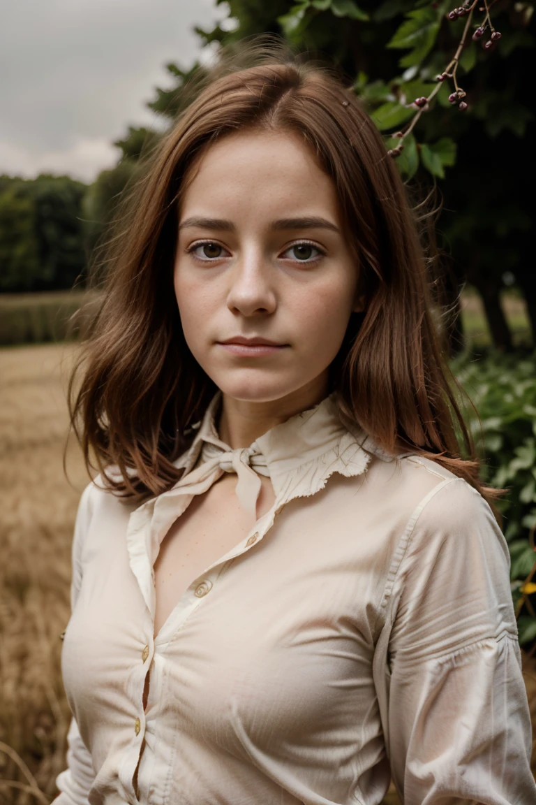 Cinematic portrait, highest quality, Very young looking 17-year old teenage Emma Rouault, Emma Bovary,a ((17-year-old Isabelle Huppert lookalike)), (wearing authentic early nineteenth century bourgeois Norman French gentleman farmer’s daughter’s clothing), Normandy, early-nineteenth century Norman-French hedgerow farming countryside,