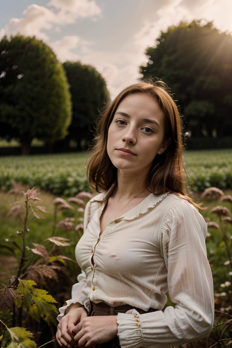 Cinematic portrait, highest quality, Very young looking -yeeenage Emma Rouault, Emma Bovary,a ((17-year-olIsae Hupt lookalike)), (wearing authentic early nineteenth century bourgeois Norman French gentleman farmer’s daughter’s clothing), Normandy, early-nineteenth century Norman-French hedgerow farming countryside,