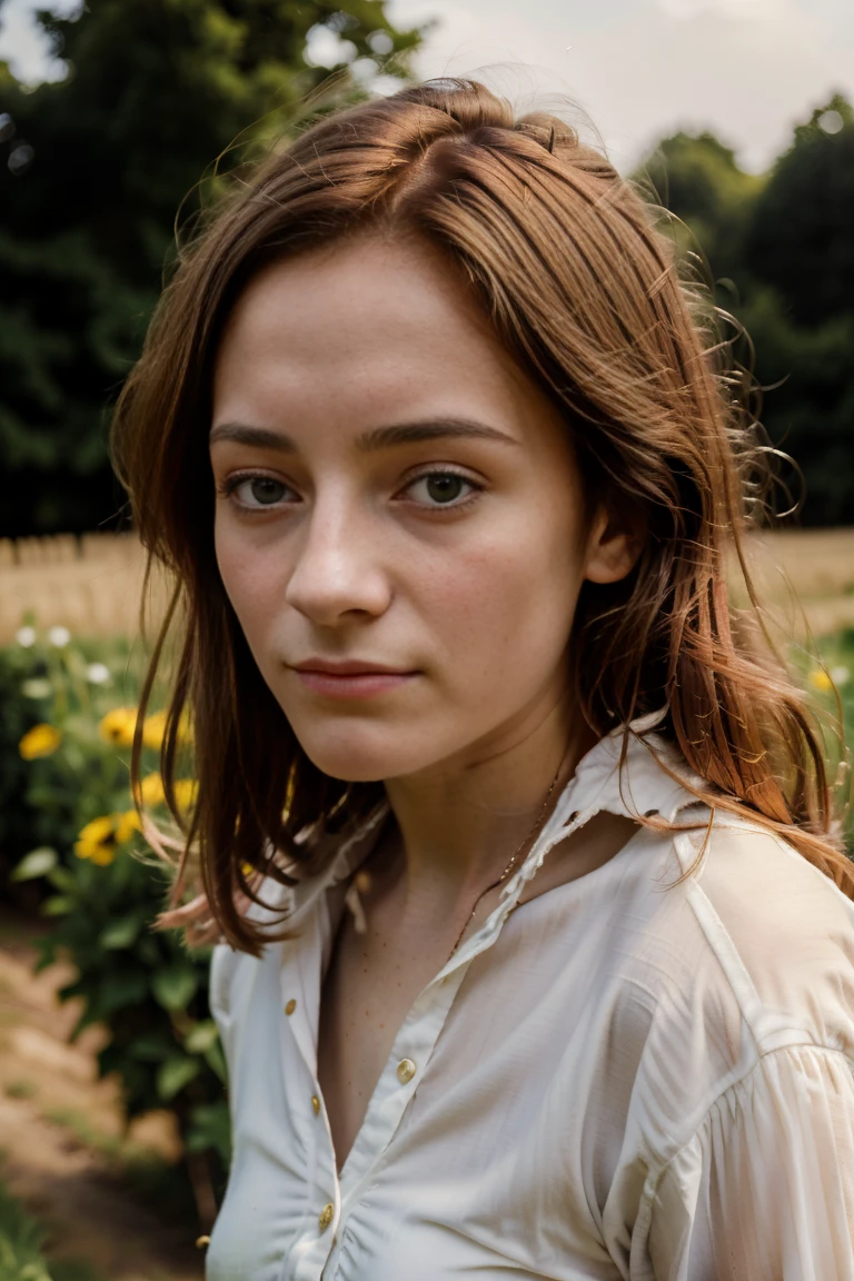 Cinematic portrait, highest quality, Very young looking 17-year old teenage Emma Rouault, Emma Bovary,a ((17-year-old Isabelle Huppert lookalike)), (wearing authentic early nineteenth century bourgeois Norman French gentleman farmer’s daughter’s clothing), Normandy, early-nineteenth century Norman-French hedgerow farming countryside,