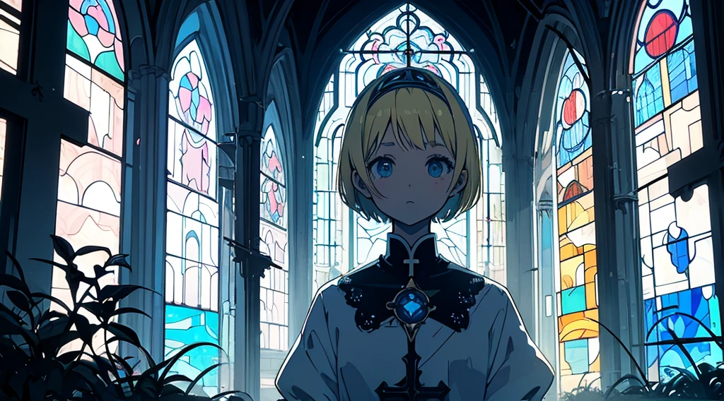 (sister, blonde hair, very short hair, kawaii), (abandoned church, blue stained glass), (low contrast, flat color, limited palette)