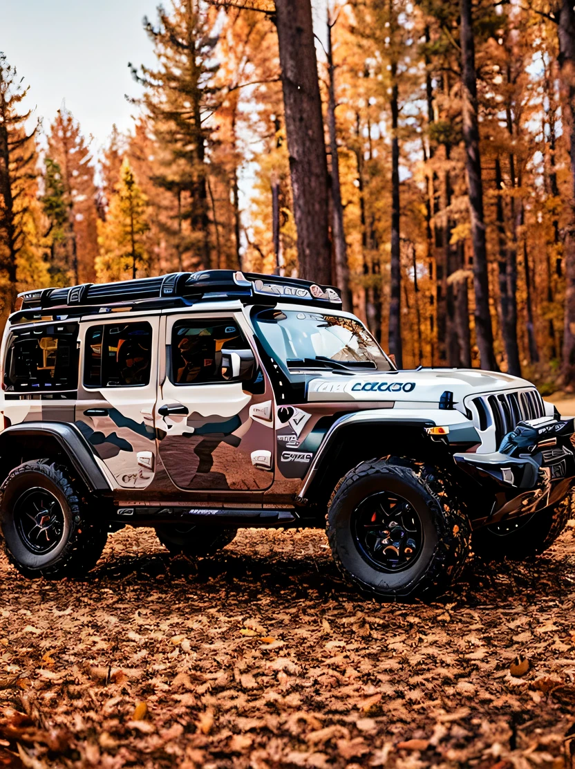 ((hightquality、hight resolution、masterpiece、foco nítido、photographrealistic、Raw photography、lighting like a movie))、(((No humans)))、vehicle focus、jeep、camouflage paintings、Dark windows、View from diagonally forward、three-quarter front view、 jeepcamo2023
