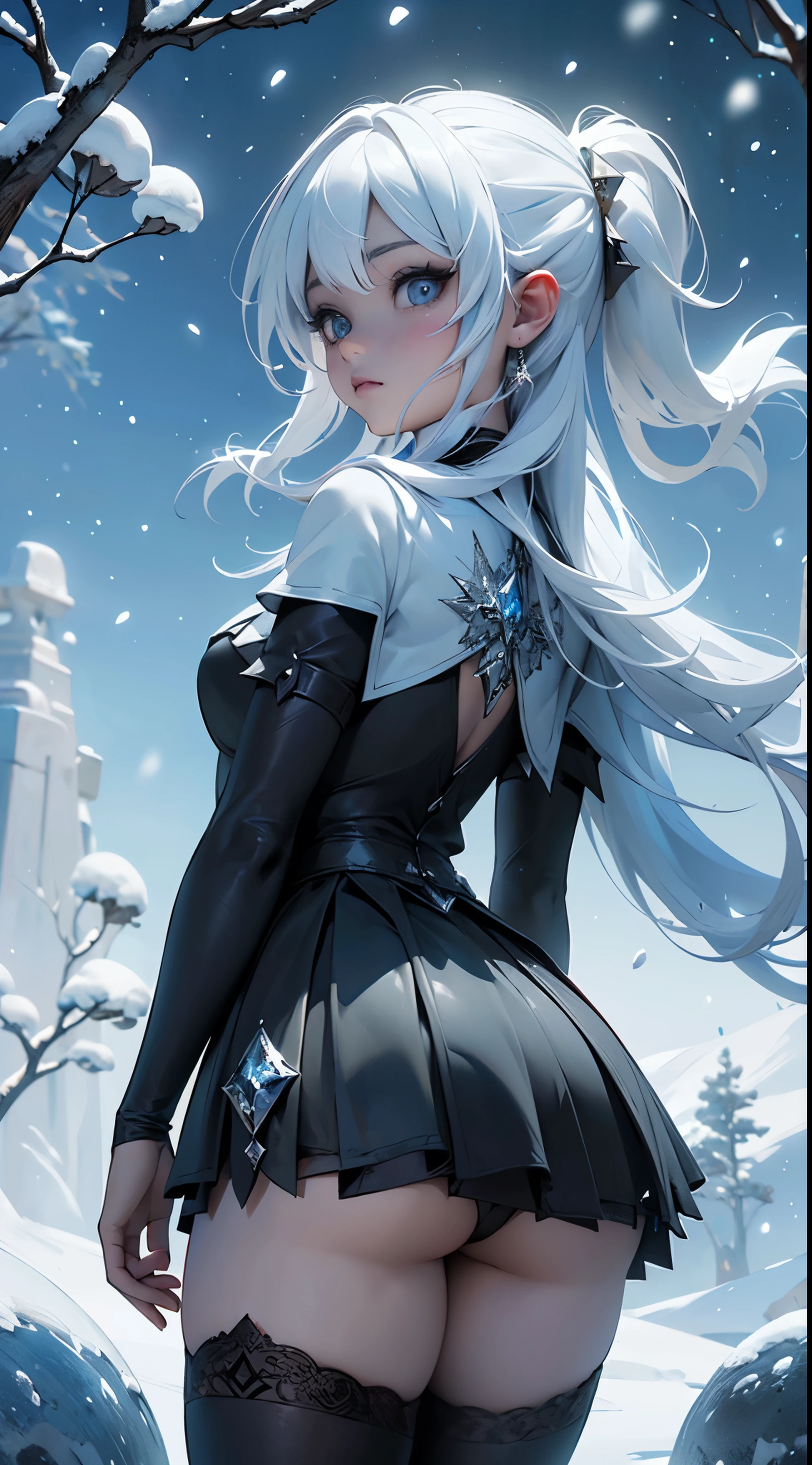 (rear view, backside view),(La mejor calidad,A high resolution,Ultra - detallado,actual),El blanco,Un mundo cubierto de plata, ramas cubiertas de nieve, toque chill de invierno, Los copos de nieve bailan como elfos, Convierte el mundo en un cuento de hadas plateado, chill, Escena de nieve tranquila y hermosa., Acogedor Tranquilo, (seaArt 2.1), (background frozen white trees snow falling:1.4) , (hermosos ojos azuleondo piedras grandes  negro:1.4) , (pose vaquero ), (realistic) ,Arte detallado de alta calidad 8K, Fanart Mejor ArtStation, Fantasy art style, (miniskirt negro ta corto transparente:1.4) , (mostrando panties White:1.4) ,(panties), sujetador de medias,  leggings white,