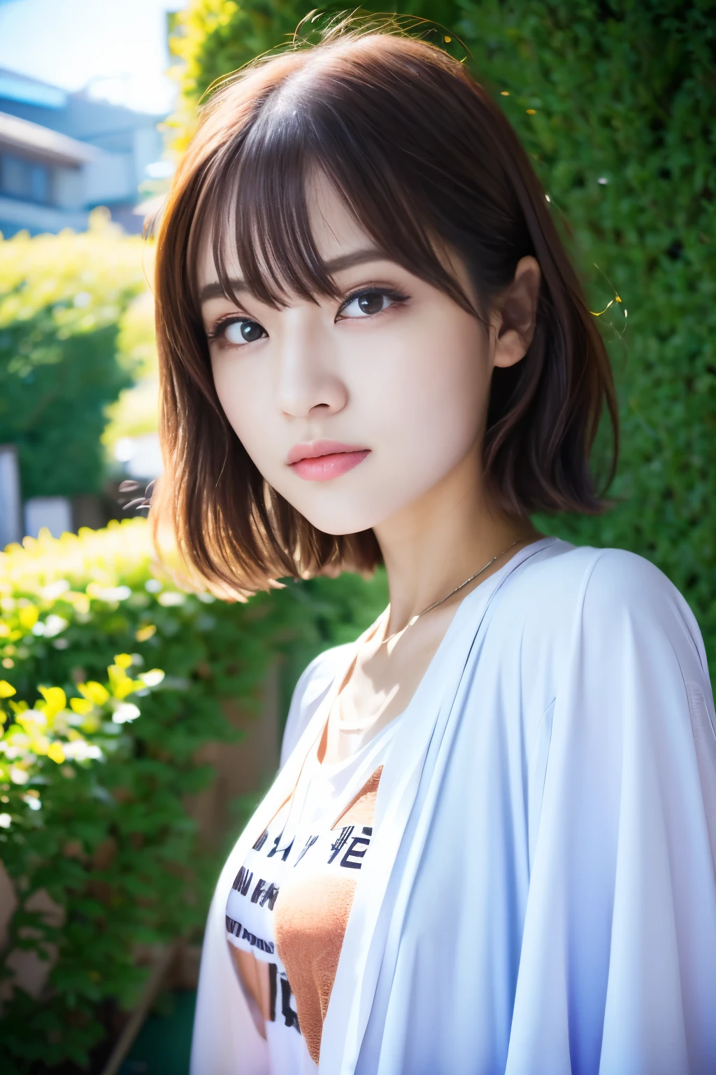 Close up of woman in t-shirt posing for photo, Middle metaverse, 奈良美智, Japanese Models, Beautiful Asian Girl, With short hair, 2 4 years old female model, 4 k ], 4K], 2 7 years old, sakimichan, sakimichan