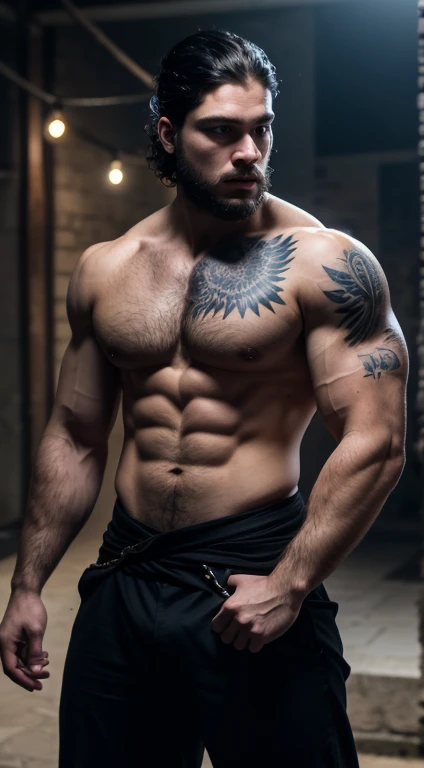 Jon snow, 20 years old, short haircut, black hair, intense blue eyes, intense gaze, affiliated features, no facial hair, height 1.93, weight 90 kg, aesthetic muscular build, broad shoulders, V-shaped body, sleevewolf tattoo on right arm, full body focus, completely hairless,