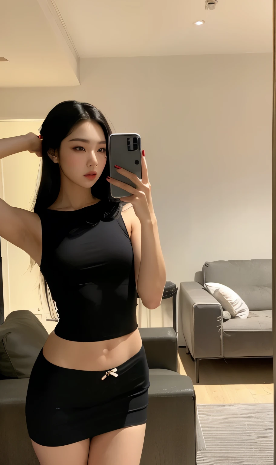 there is a woman taking a selfie in a mirror, tight black tanktop, she is wearing a black tank top, gorgeous young korean woman, wearing a cropped black tank top, wearing a black cropped tank top, korean girl, beautiful south korean woman, beautiful young korean woman, 2 4 year old female model, wearing a sexy cropped top, wearing tight clothes, joy red velvet