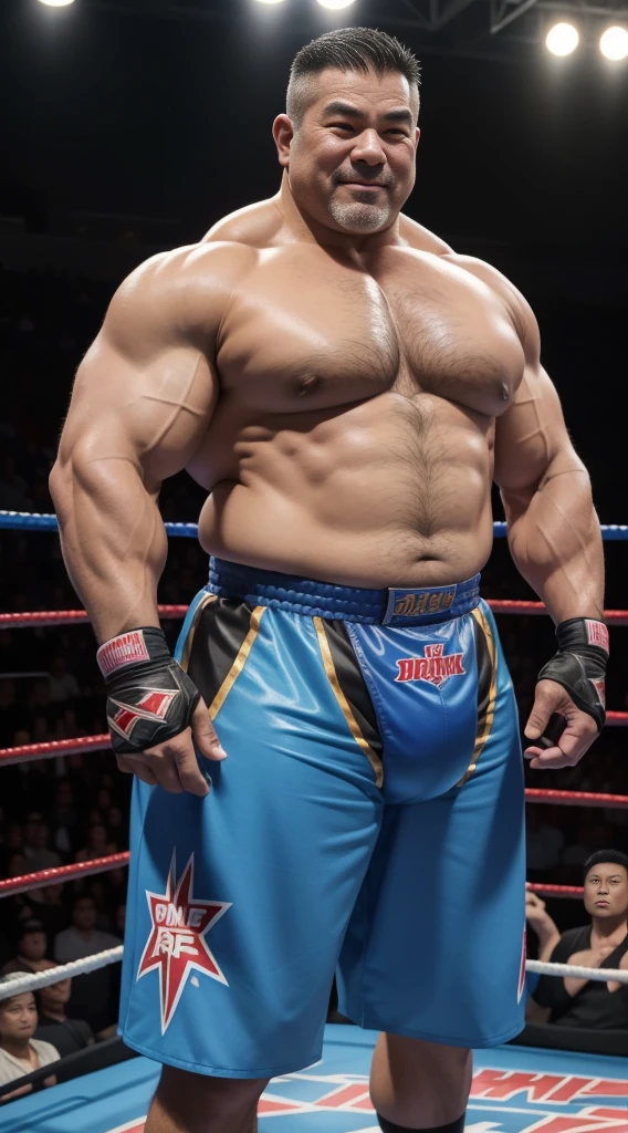 Middle age，the only person，male people，Muscle wrestler，Muscular，Stout wrestler，Asian people，Uncles，60岁的Middle age，Short hair details，Short hair details细节，wrestling pants，Panorama characters，WWE ring，WWE American professional wrestling，spotlight lights，cellshading，imagining，briefly，age 55,Middle age，tattoo fingerless gloves，Wheat-colored skin，oilly skin，Show off your chest muscles，Sumo wrestler，body builder，Wide sideburns，Pronounced abs，ssmile，（Full body like：3），