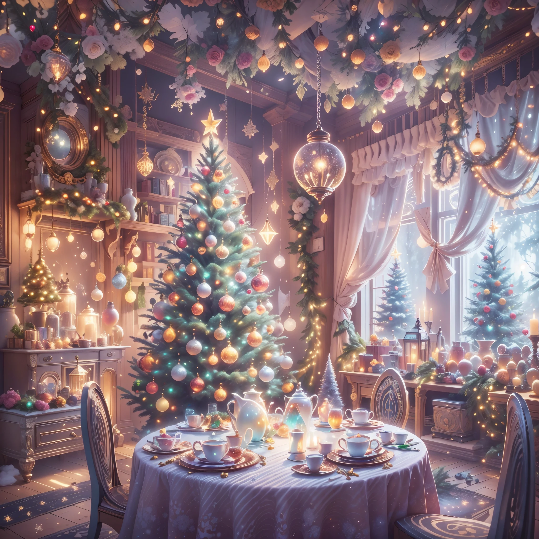 extreme detail description,professinal,vivd colour,bokeh,mirai,peculiar,festivity,celebrating,christmas,冬季wonderland,Fairytale,magia,whimsically,NOhumans,vivid decoration,energeticatmosphere,white christmas tree,Sparkling ornaments,wrapped gifts,shiny metal wall,shiny reflective surfaces,endless hallucinations,suspended metal snowflakelashing lights,Snowflakes flying in the sky,Robotic arm,flexible movement,christmas lights,greet visitors,silver dining table,Elegant place setting,Fine dining,Artistic food display,unique metal chair,Soft cushions,comfortable seatinetal chandelier,warmly lit,festivity氛围,Piano in the corner,colourful light,musical note,Magical atmosphere,telling stories,wonderland,Interior design,fantasy,机械Fairytale,number art,(painting of a),Popular on ArtStation,Popular on Pinterest,Popular on DeviantArt