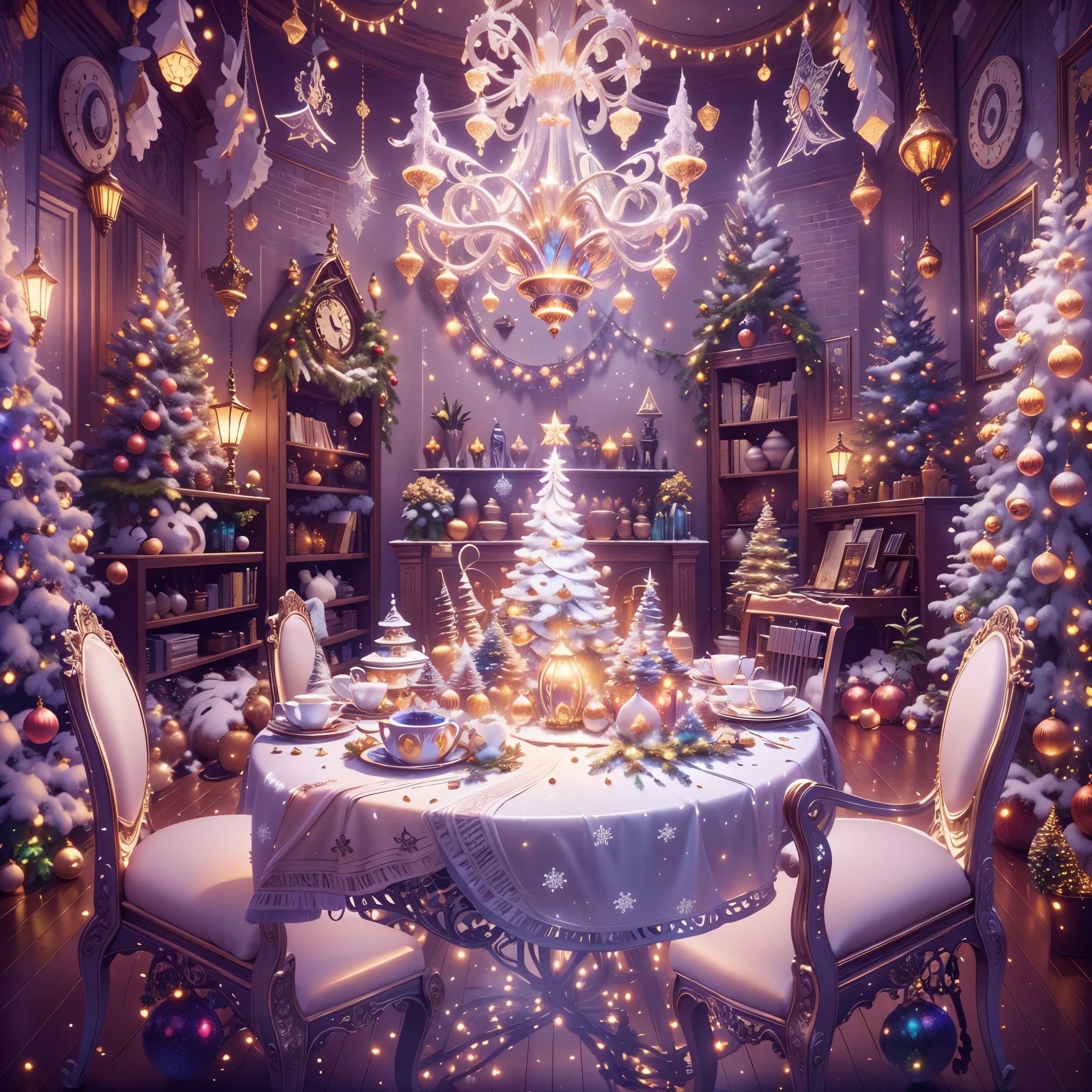 extreme detail description，professinal，vivd colour，bokeh，mirai，peculiar，festivity，celebrating，christmas，(冬季wonderland)，(Fairytale，magia，whimsically)，((NOhumans))，vivid decoration，energeticatmosphere，white christmas tree，Sparkling ornaments，wrapped gifts，(shiny metal wall，shiny reflective surfaces，endless hallucinations，suspended metal snowflakelashing lights，Snowflakes flying in the sky，mechanical fireplace), flexible movement，Christmas lights greeting visitors，silver dining table，Elegant place setting，Fine dining，Artistic food display，unique metal chair，Soft cushions，comfortable seatinetal chandelier，warmly lit，festivity氛围，(Piano in the corner)，colourful light，(musical note)，Magical atmosphere，telling stories，wonderland，Interior design，fantasy，(机械Fairytale)，number art，（painting of a），Popular on ArtStation，Popular on Pinterest，Popular on DeviantArt